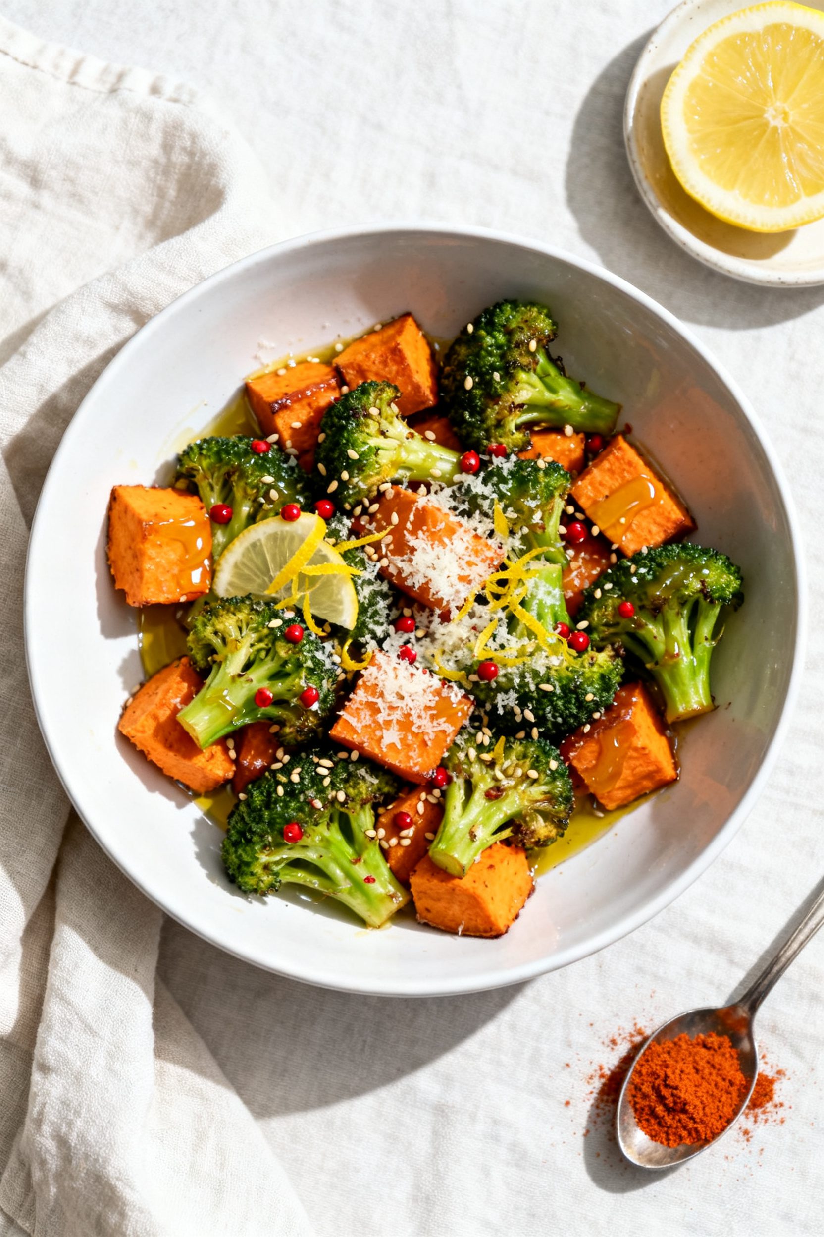Final dish presentation: Beautifully plated air fryer broccoli and sweet potatoes in a wide, shallow