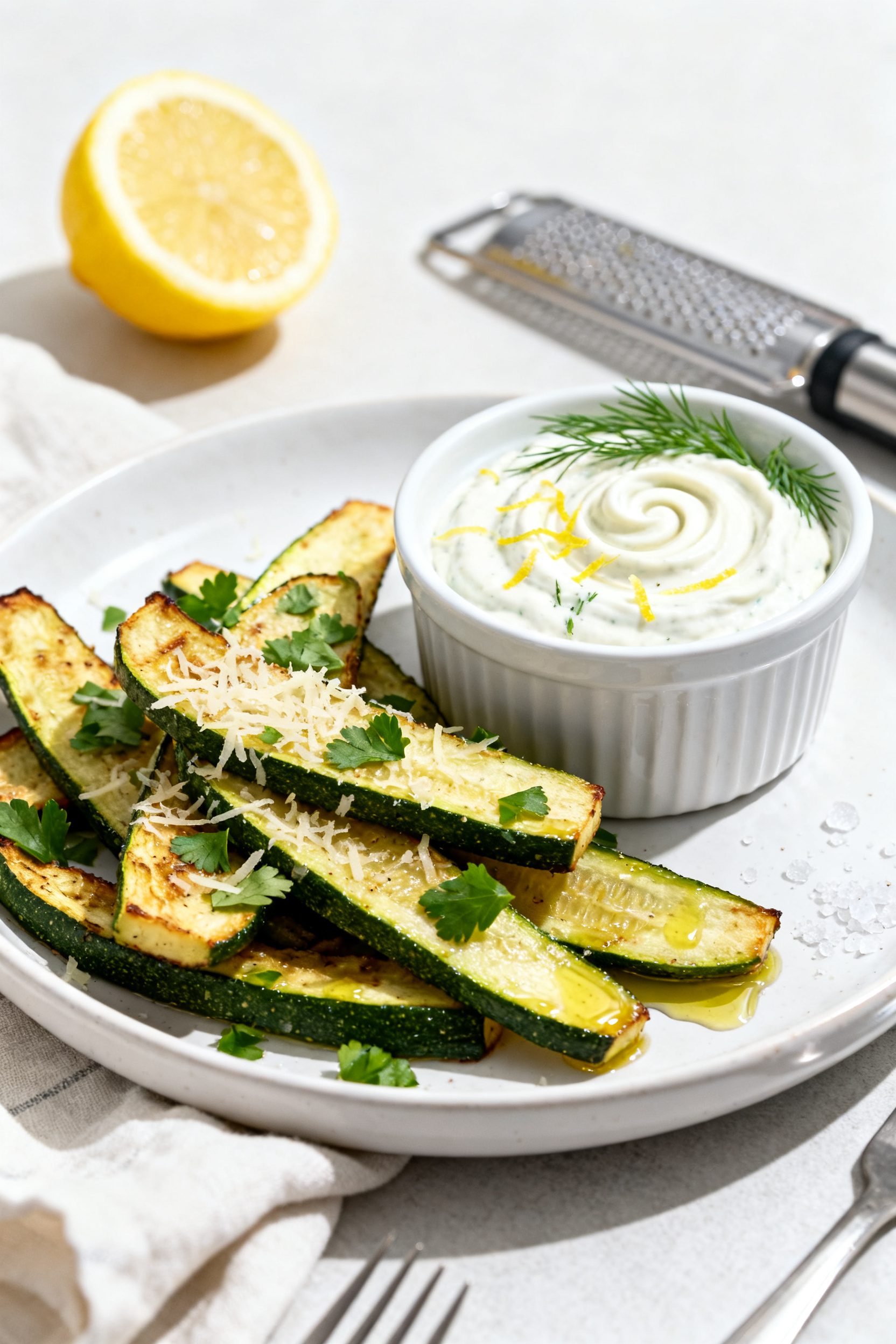 Final dish presentation: Beautifully plated Air Fryer Zucchini Wedges stacked on a white ceramic pla