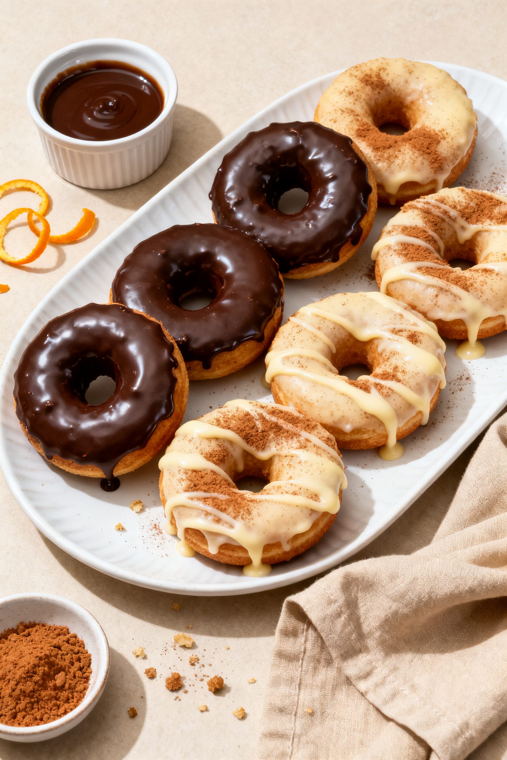 Final dish presentation: Beautifully plated assortment of protein donuts—half glazed with chocolat