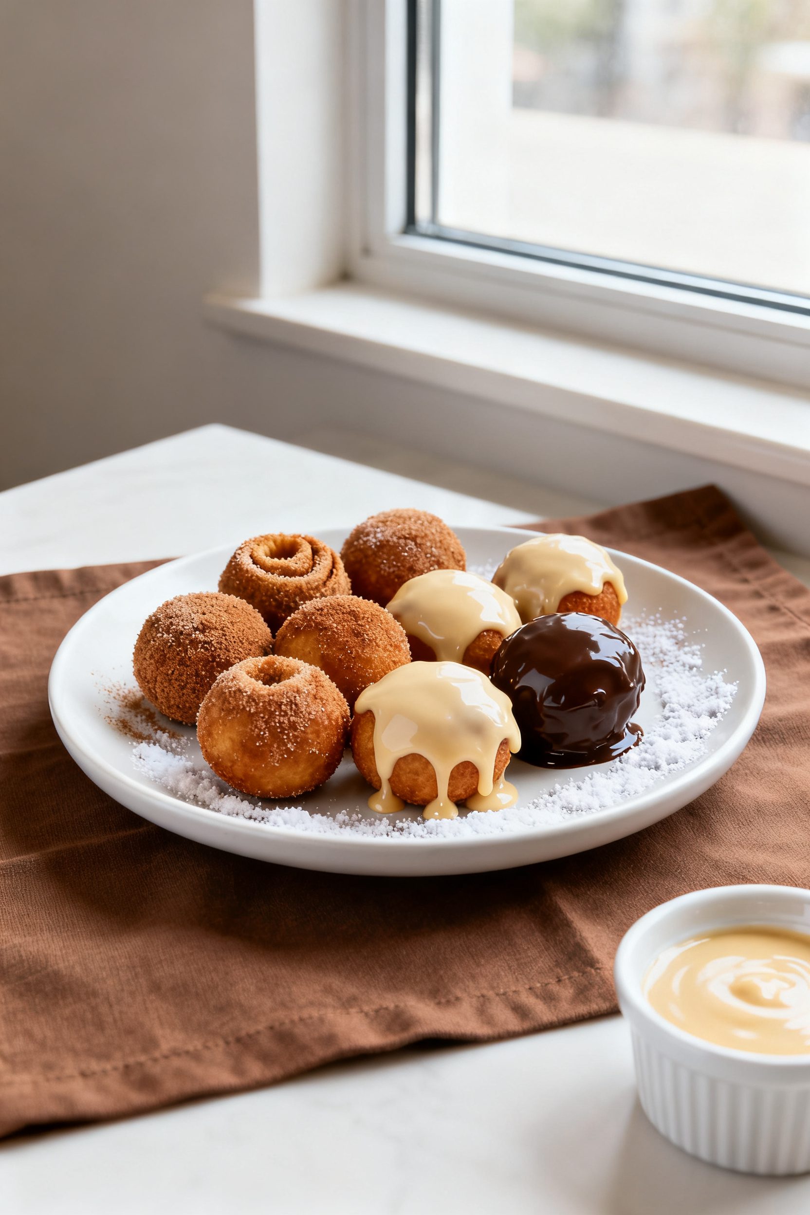 Final dish presentation: Beautifully plated assortment of air fryer donut balls on a matte white pla