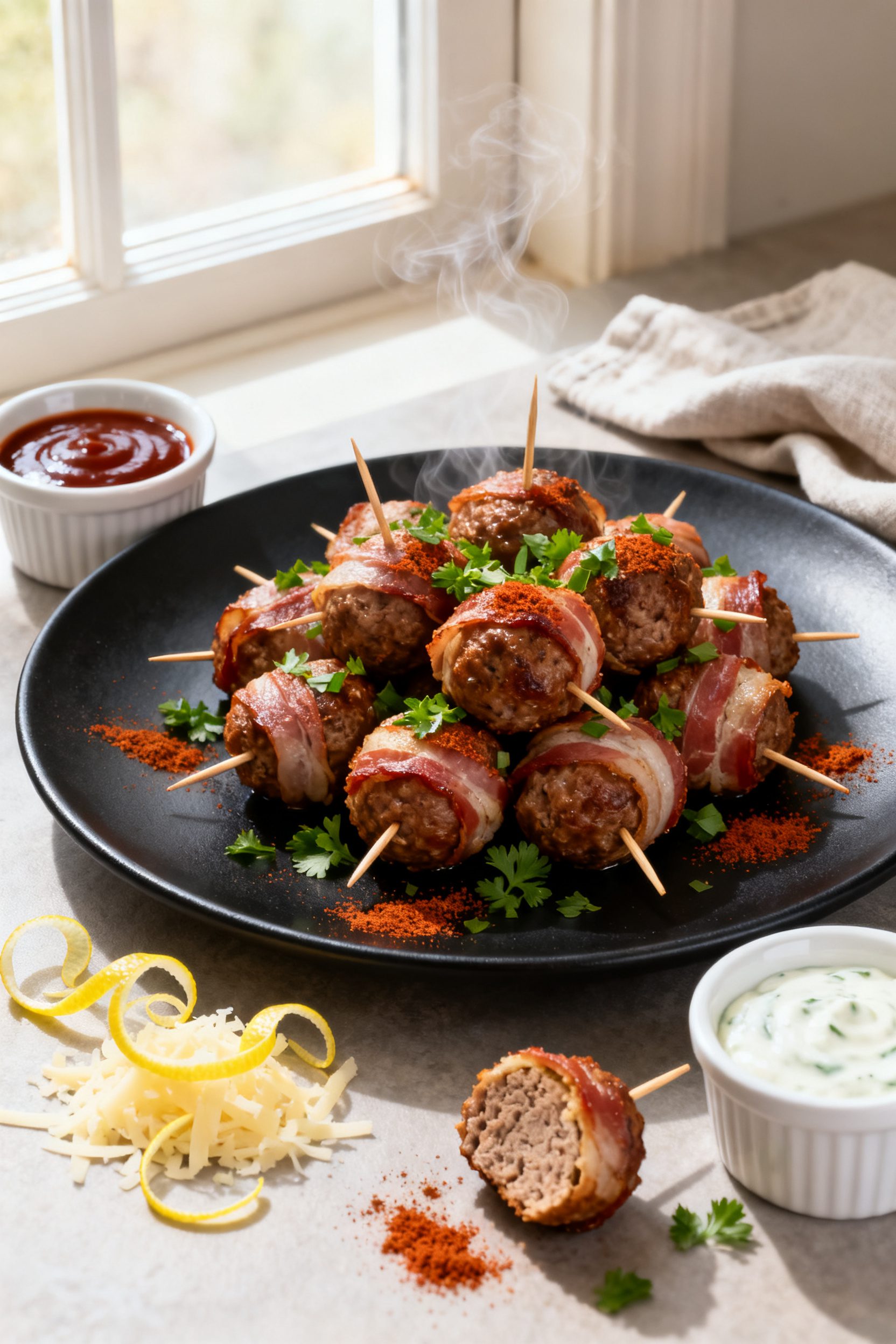 Final dish presentation: Beautifully plated bacon-wrapped meatballs on a matte black platter, arrang