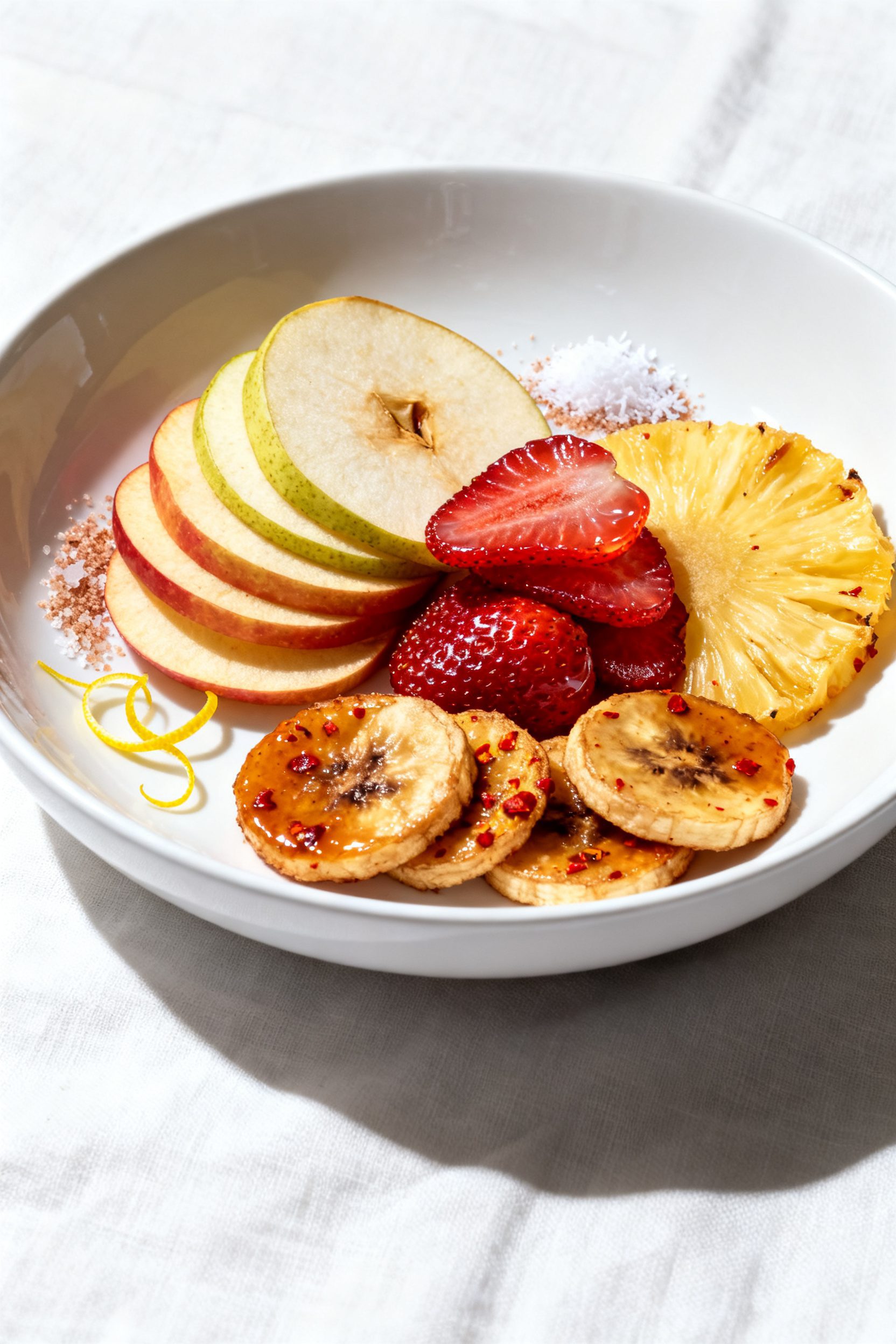 Final dish presentation: Beautifully plated bowl of assorted air fryer fruit chips—stacked for hei