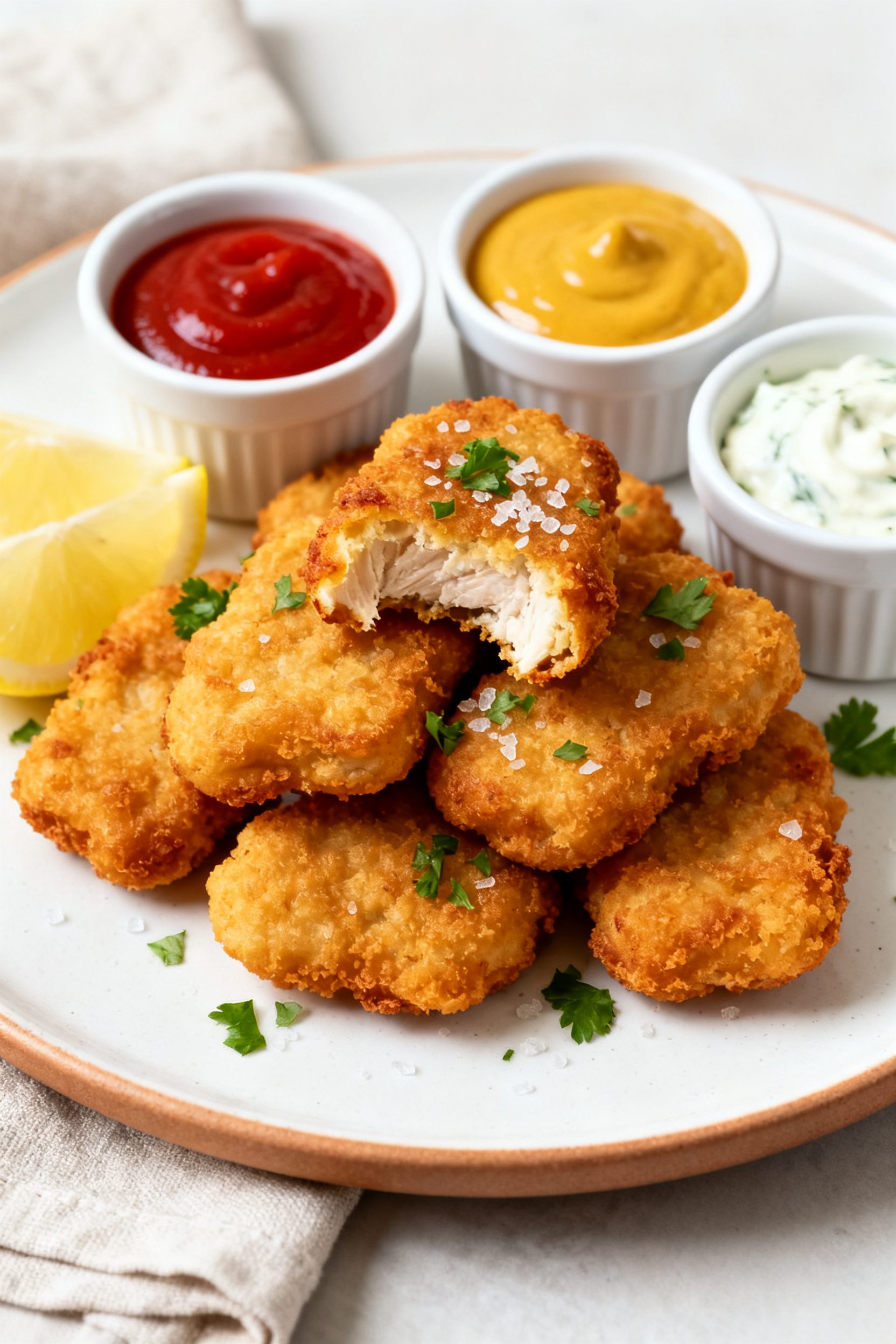 Final dish presentation: Beautifully plated chicken nuggets stacked on a warm white ceramic plate, d
