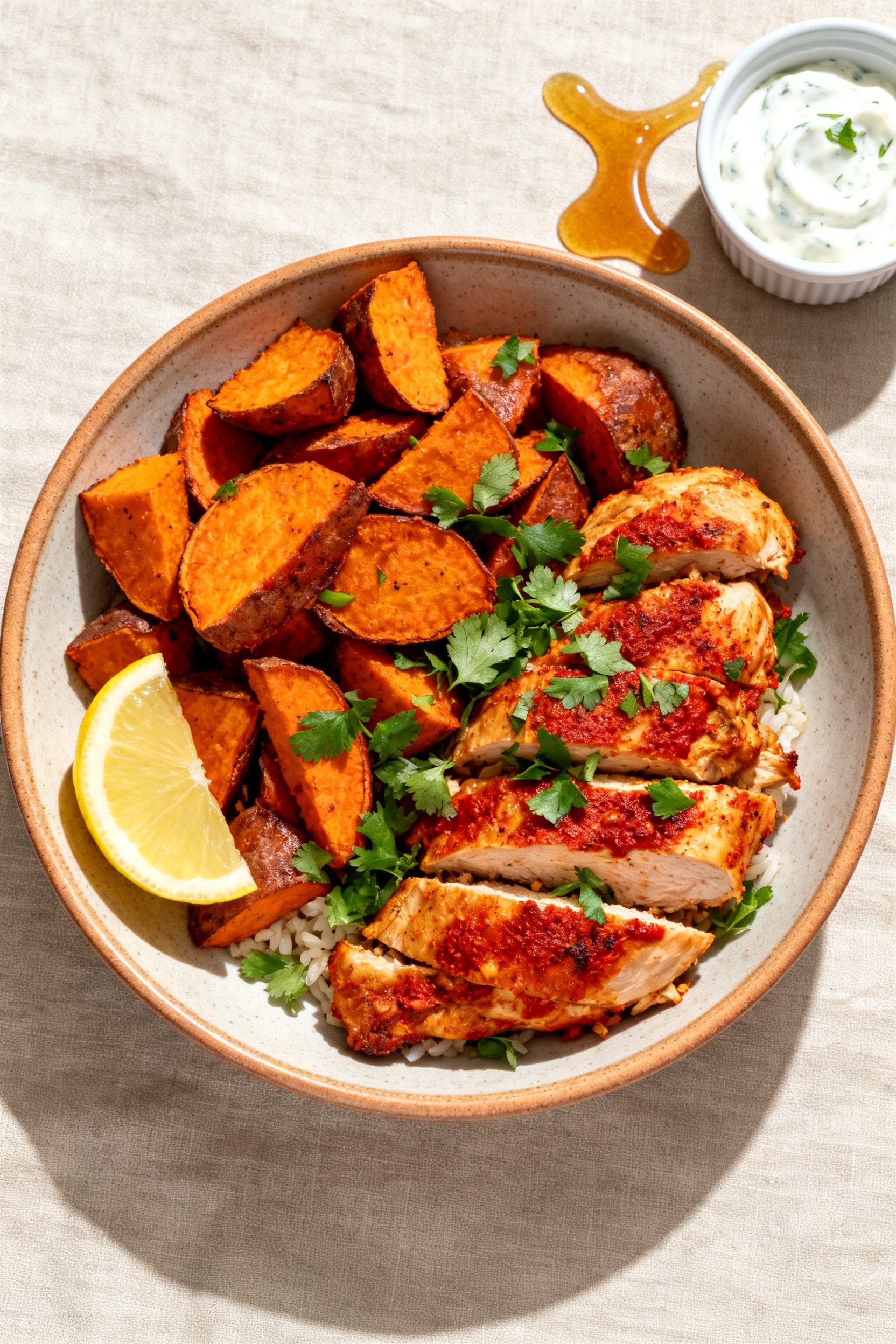 Final dish presentation: Beautifully plated Chicken and Sweet Potato Air Fryer bowl—juicy chicken