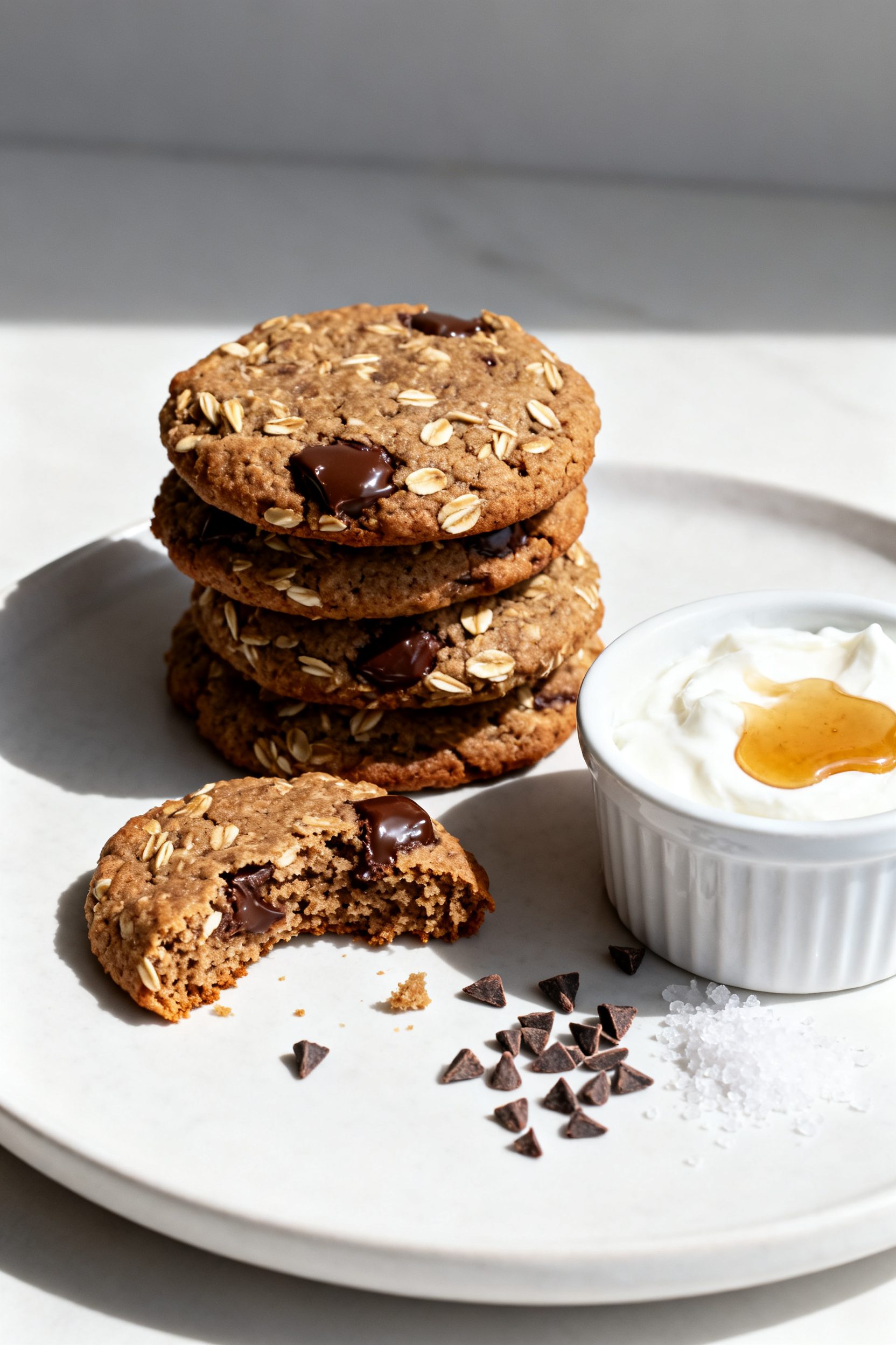Final dish presentation: Beautifully plated high protein oat cookies stacked on a matte white desser