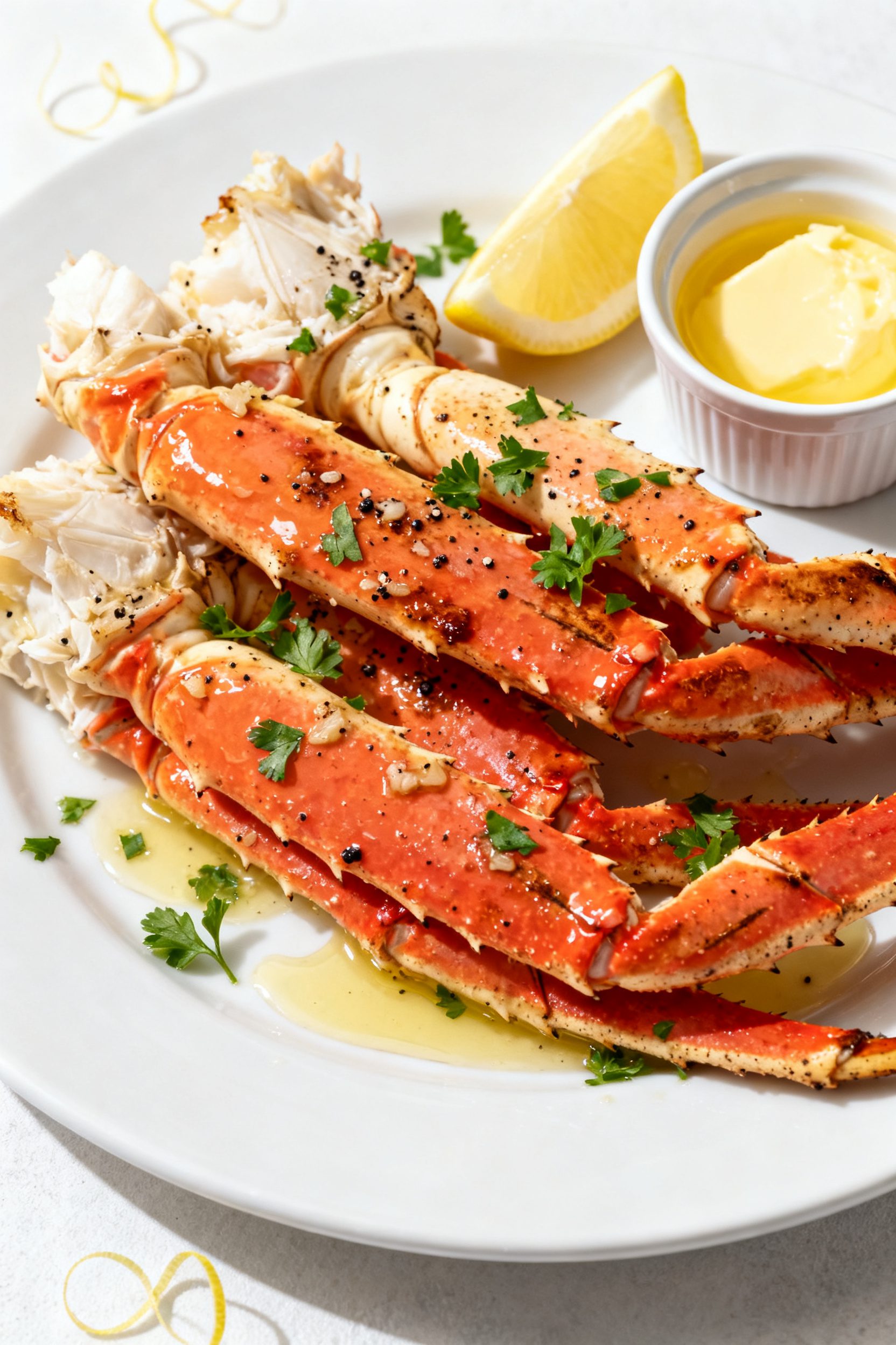 Final dish presentation: Beautifully plated king crab legs stacked on a matte white platter, glossy 