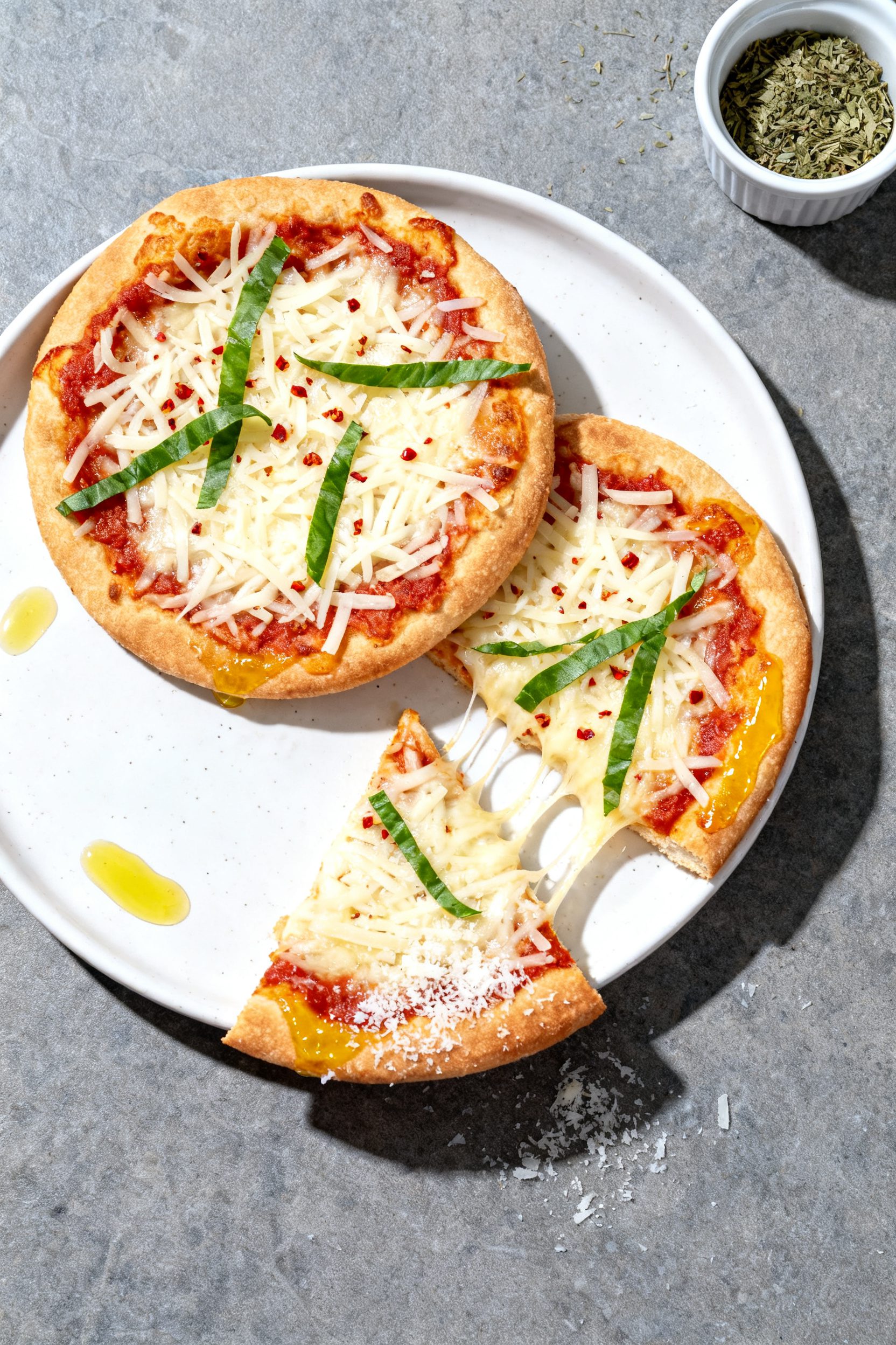 Final dish presentation: Beautifully plated mini frozen pizzas topped in the last 2 minutes with ext