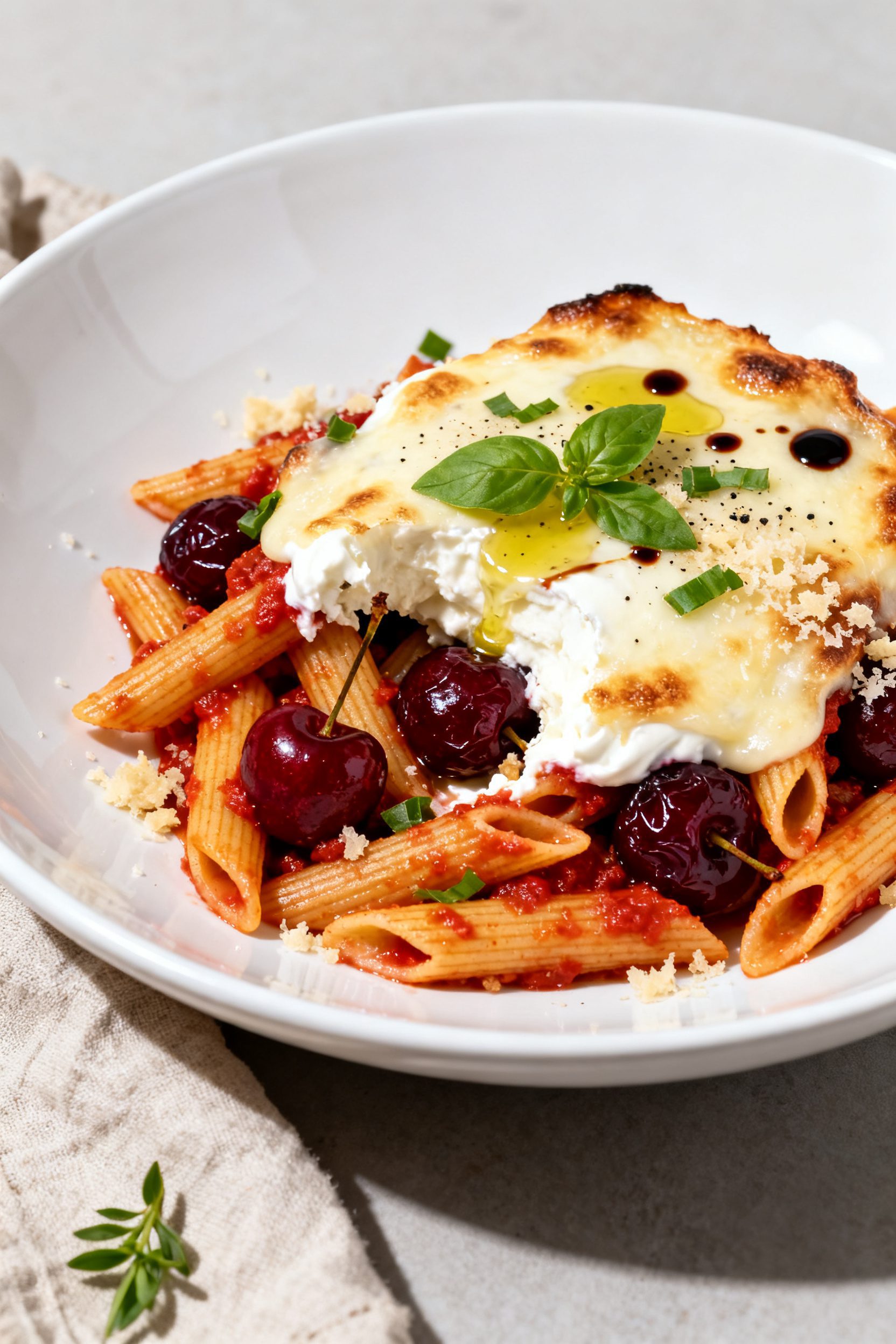 Final dish presentation: Beautifully plated serving of Air Fryer Cherry Pasta Bake on a wide white s