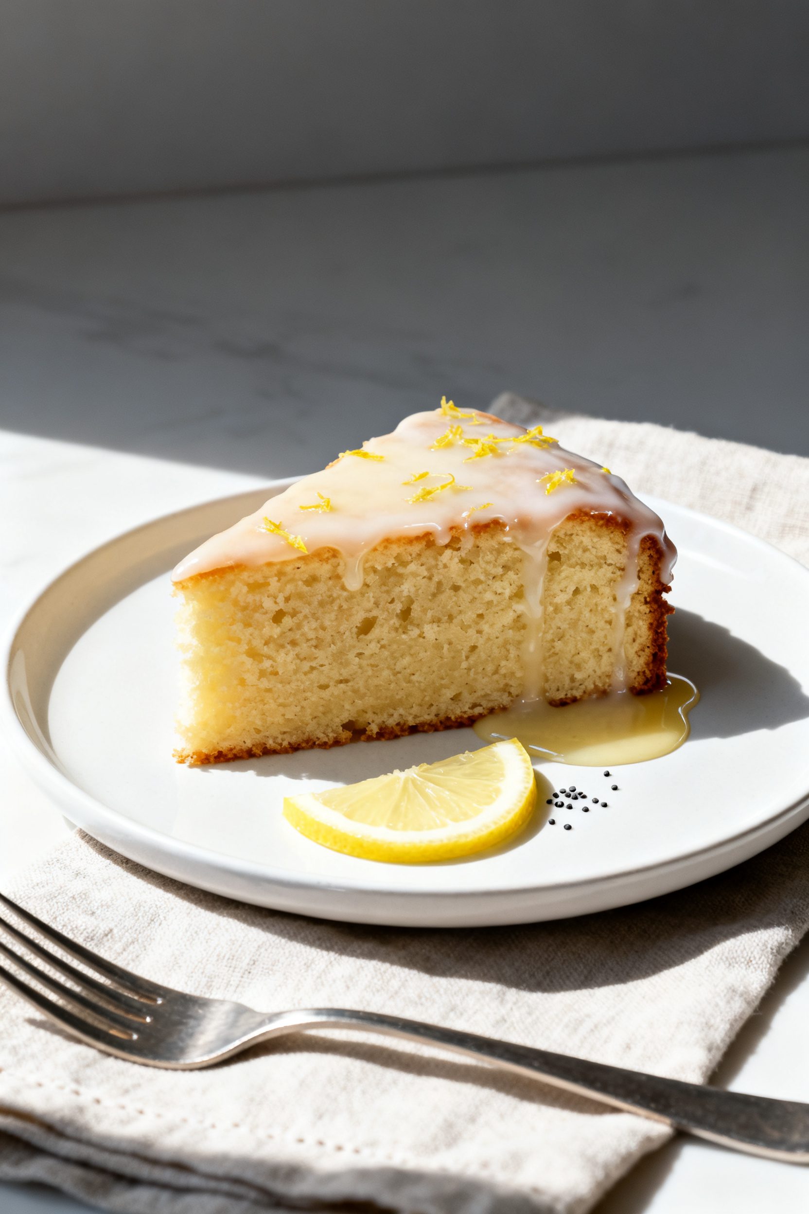 Final dish presentation: Beautifully plated slice of air fryer lemon drizzle cake on a simple white 