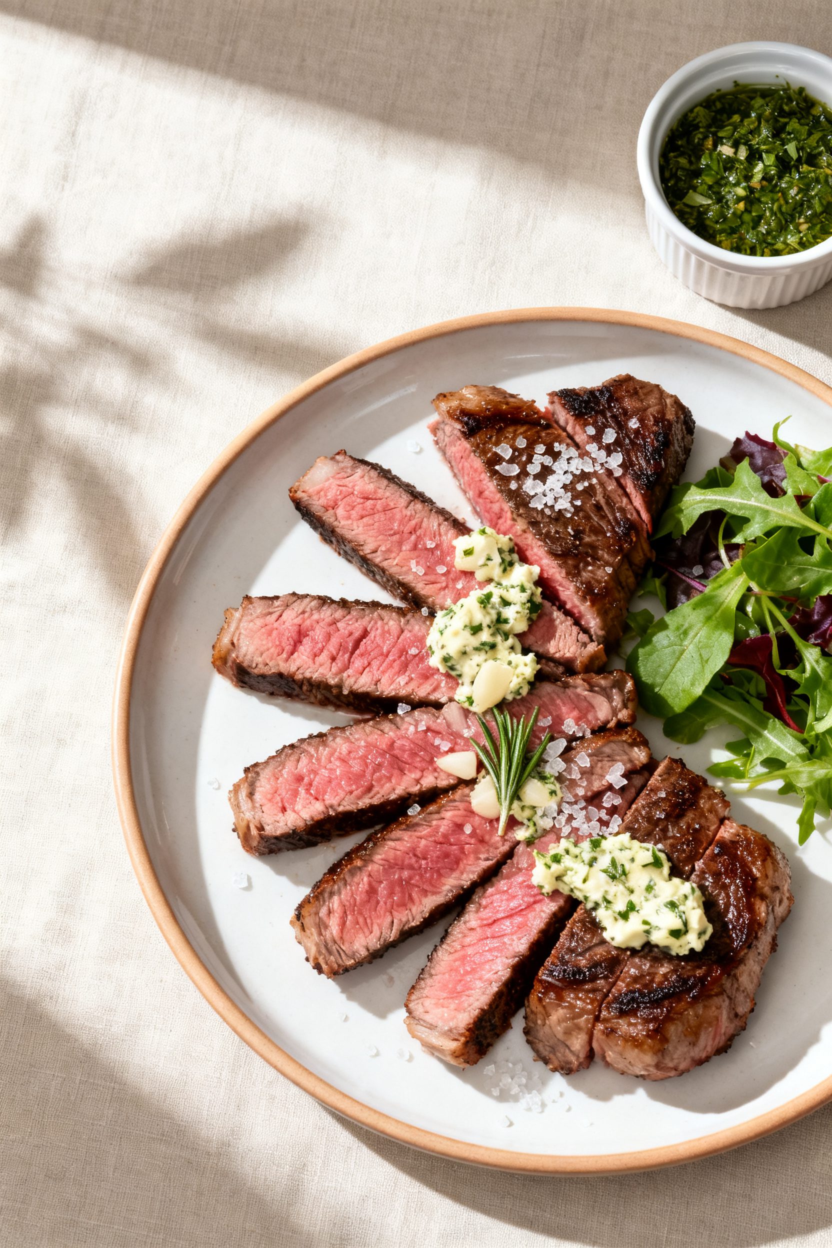 Final dish presentation: Beautifully plated sliced medium-rare filet mignon fanned on a warm white p
