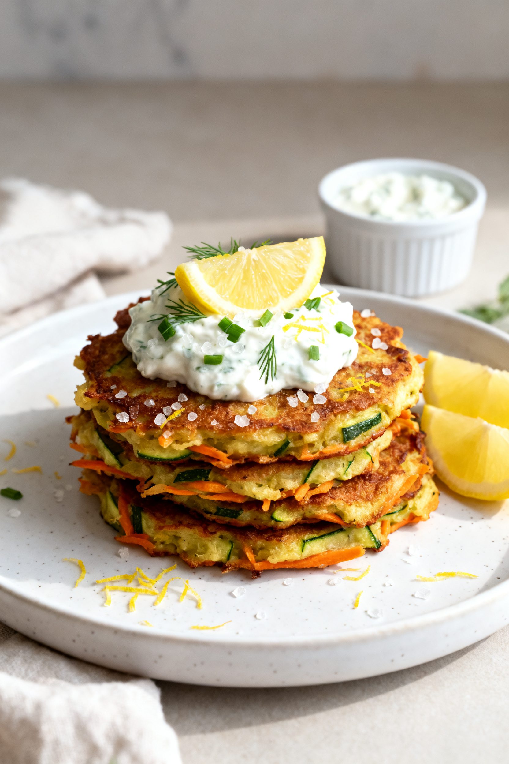 Final dish presentation: Beautifully plated stack of zucchini carrot fritters on a white ceramic pla