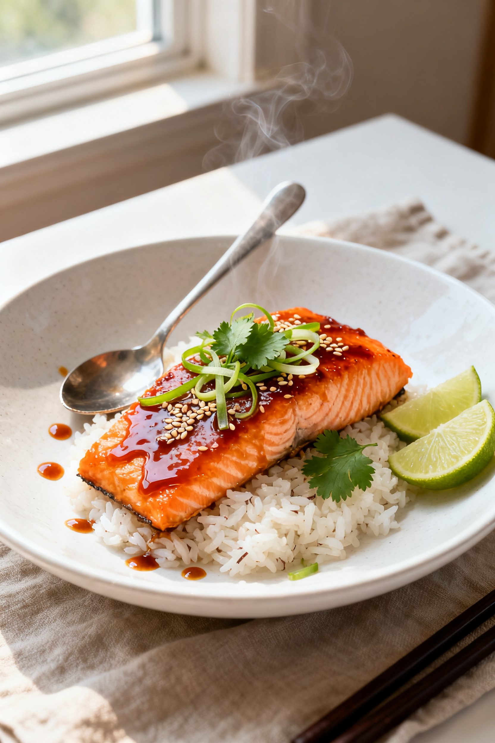Final dish presentation: Beautifully plated sweet chili salmon fillet on a matte white plate over co