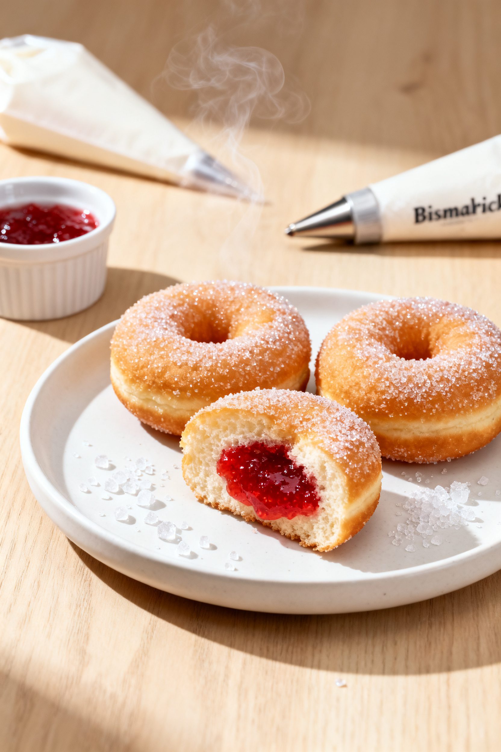 Final dish presentation: Beautifully plated trio of air fryer jelly donuts rolled in sparkling sugar