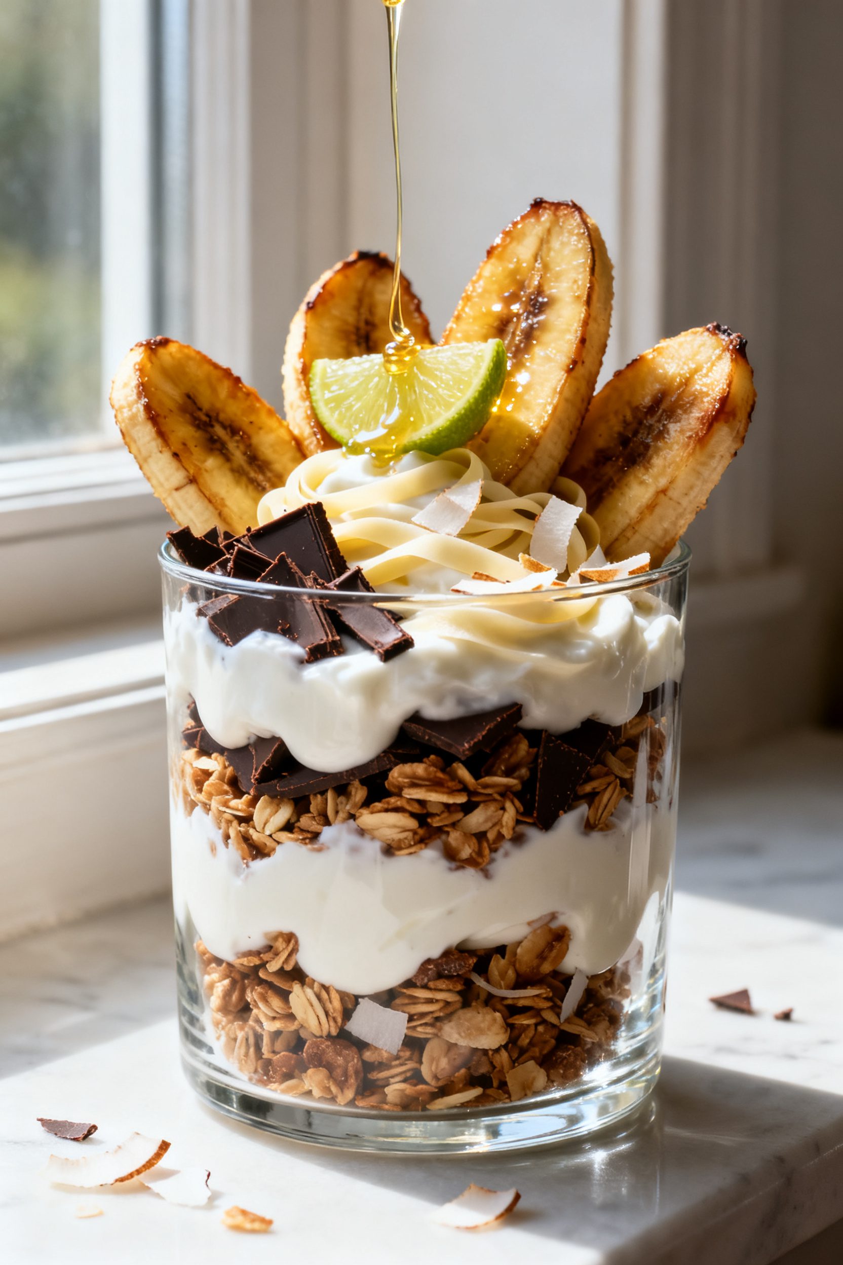Final dish presentation: Beautifully plated “Vanilla Yogurt Parfait” with warm air-fried banana 