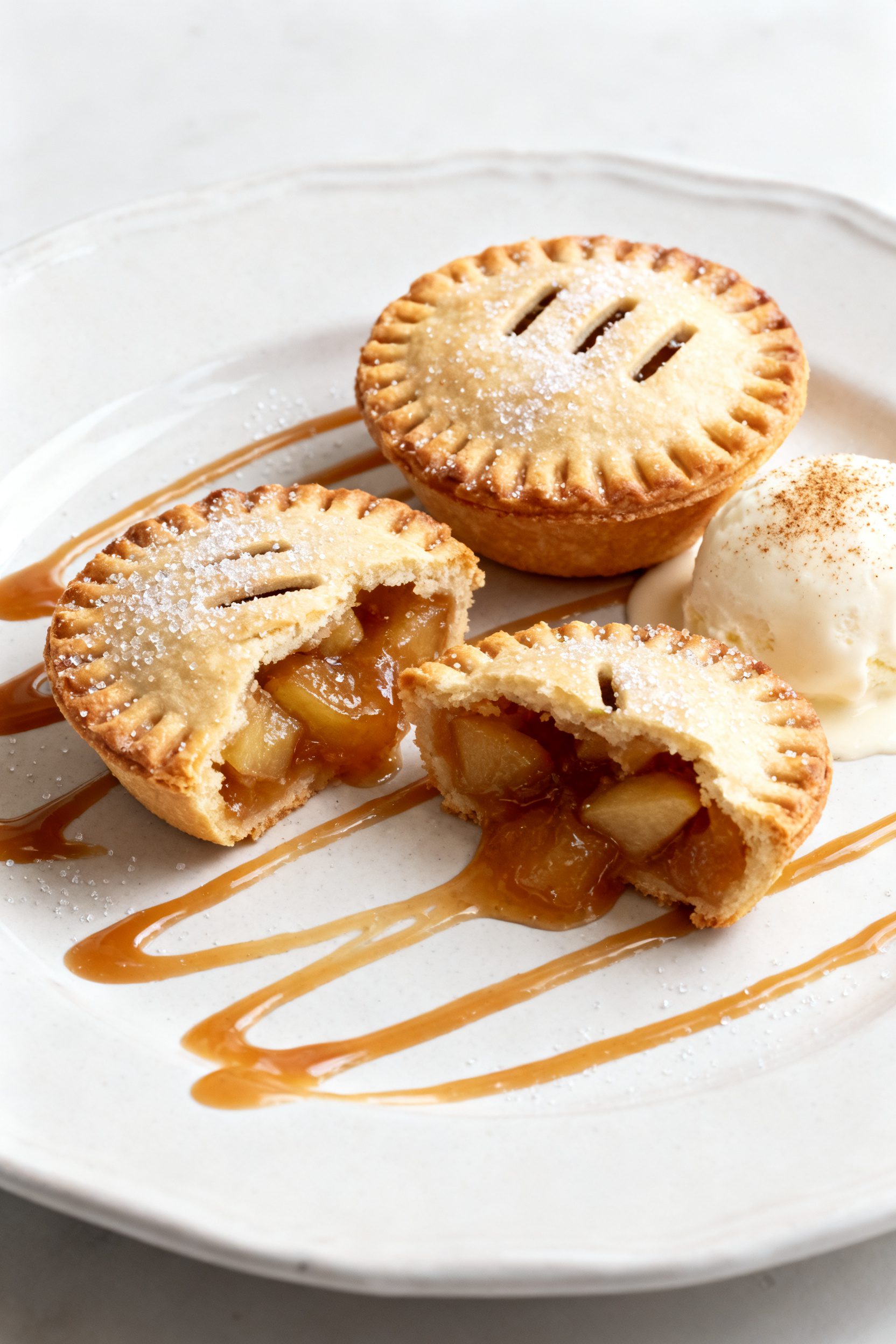 Final dish presentation: Beautifully plated warm mini apple pies on a white ceramic plate, two intac