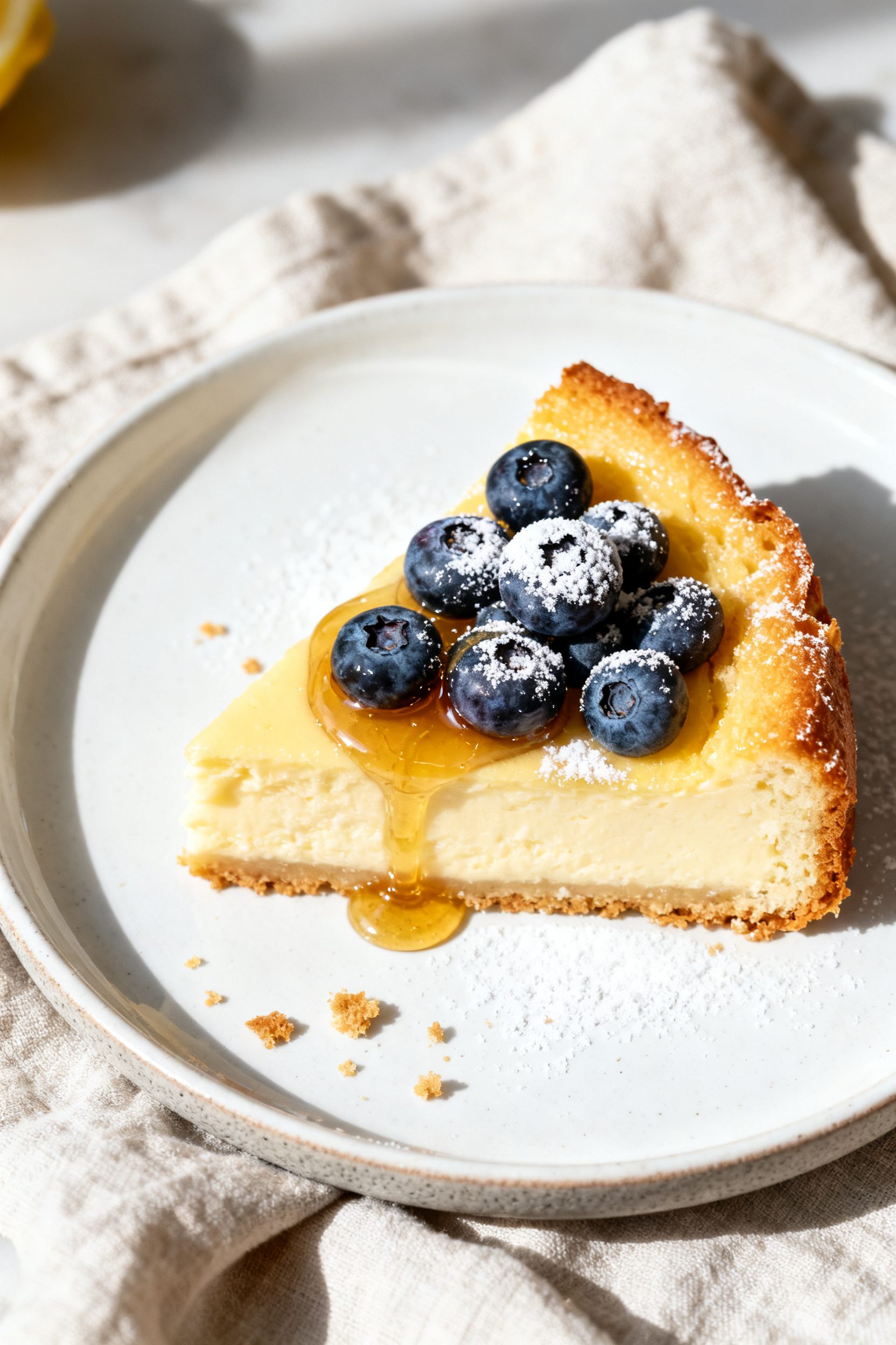 Final dish presentation: Beautifully plated yogurt custard toast “lemon cheesecake” variation—