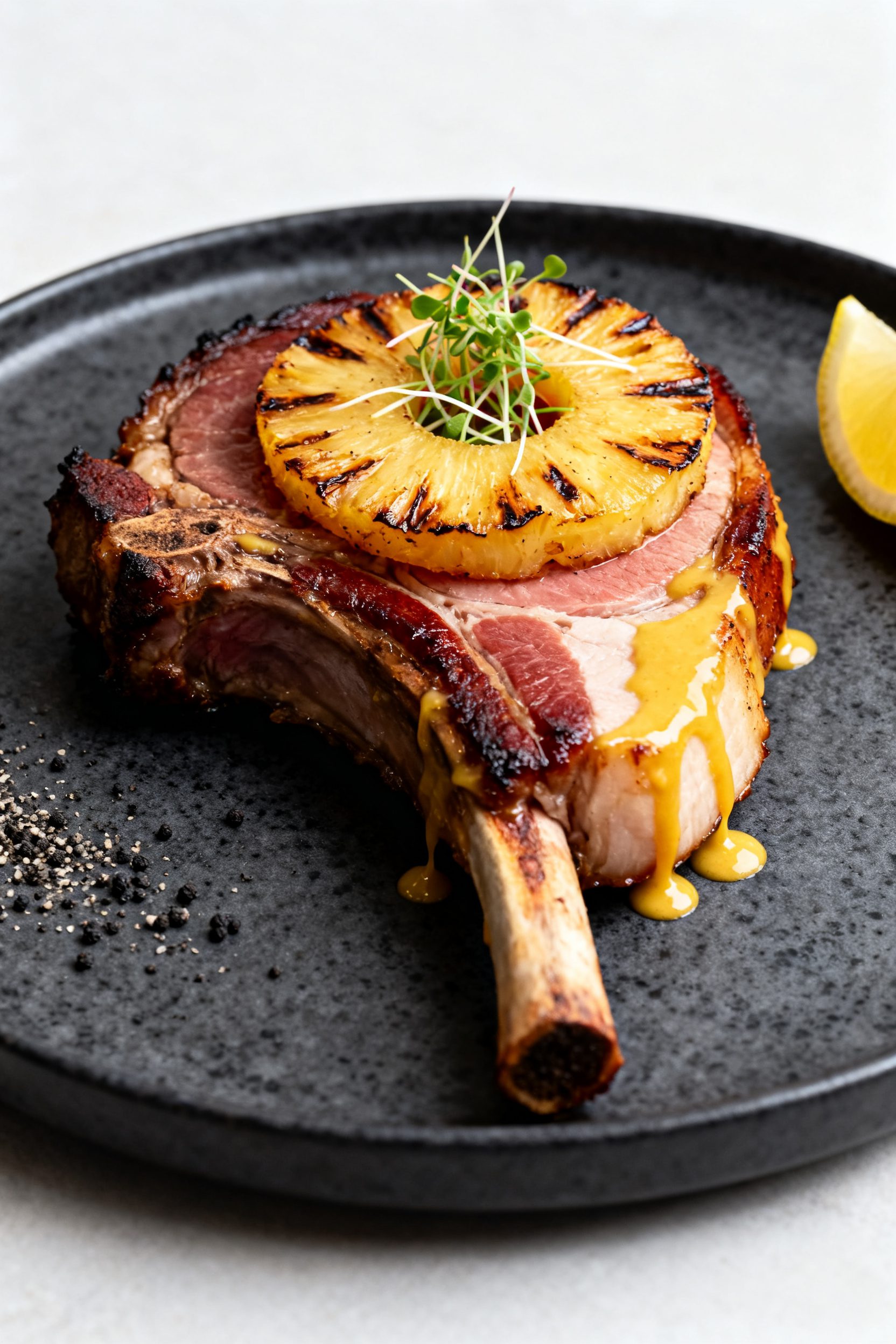 Final dish presentation: Bone-in ham steak brushed with a mustard-forward glaze, deep mahogany sear 