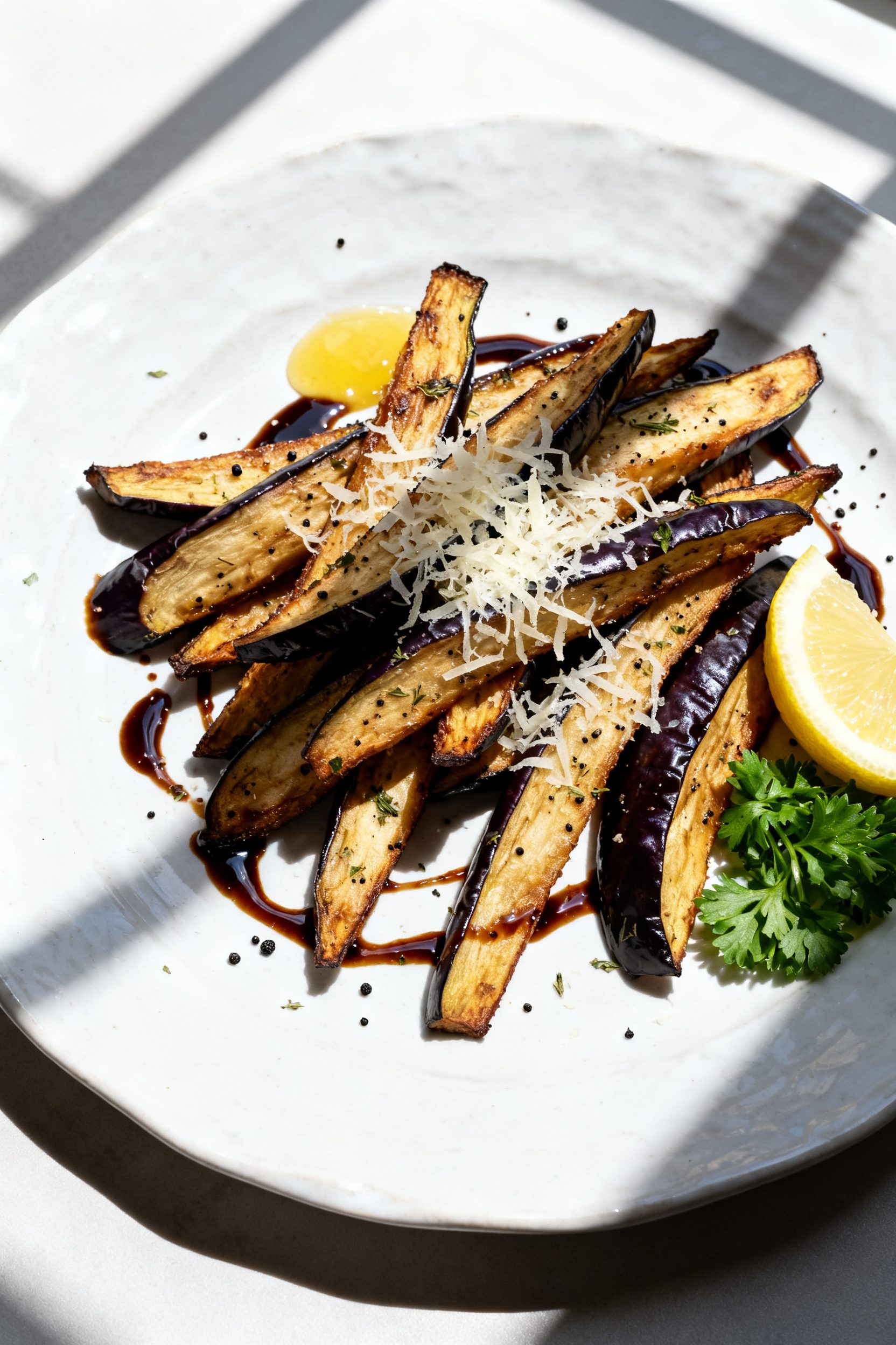 Final dish presentation: Elegant plate of air fryer roasted eggplant “fries” arranged in a loose