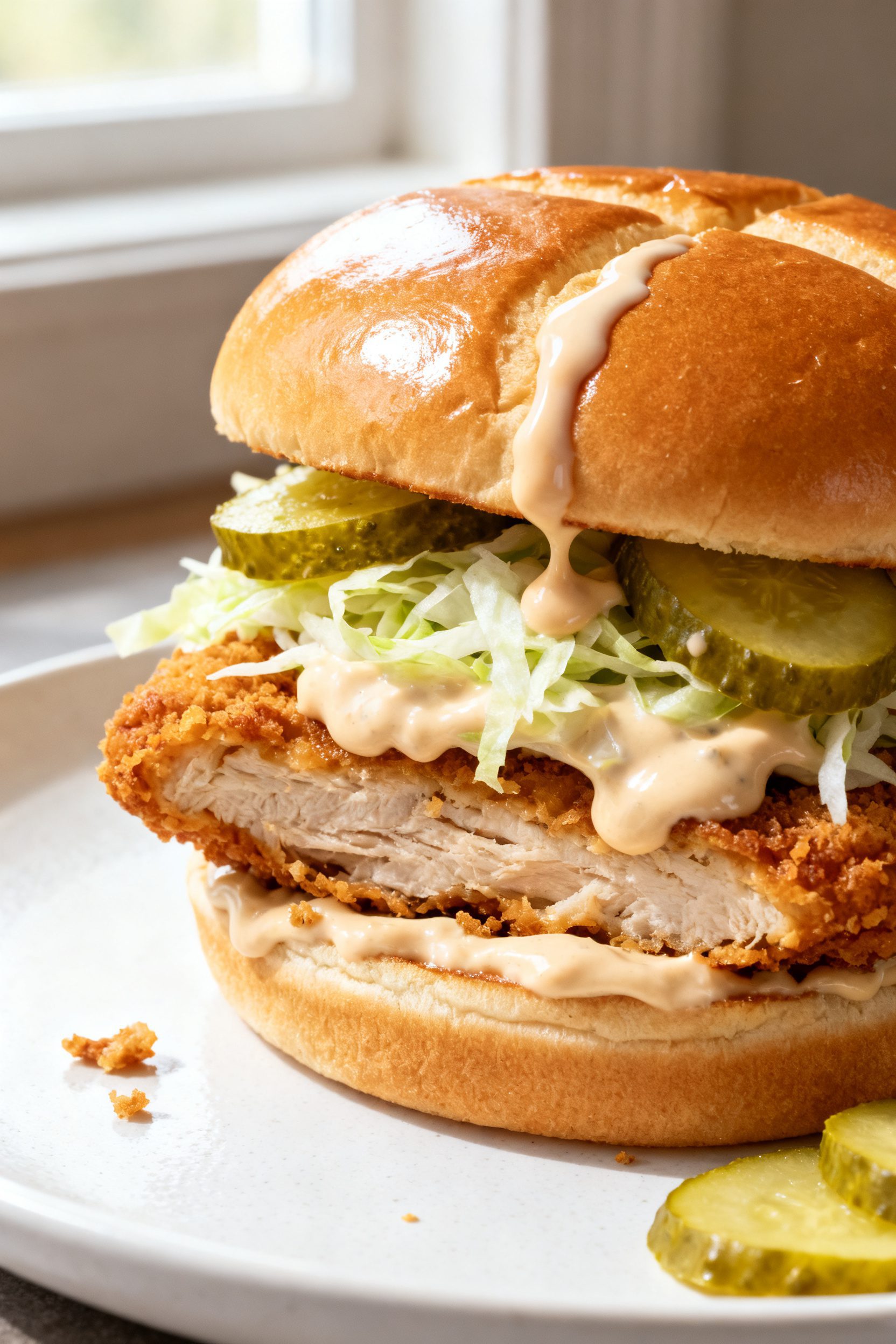 Final dish presentation: Fully assembled air fryer chicken sandwich on a lightly toasted brioche bun