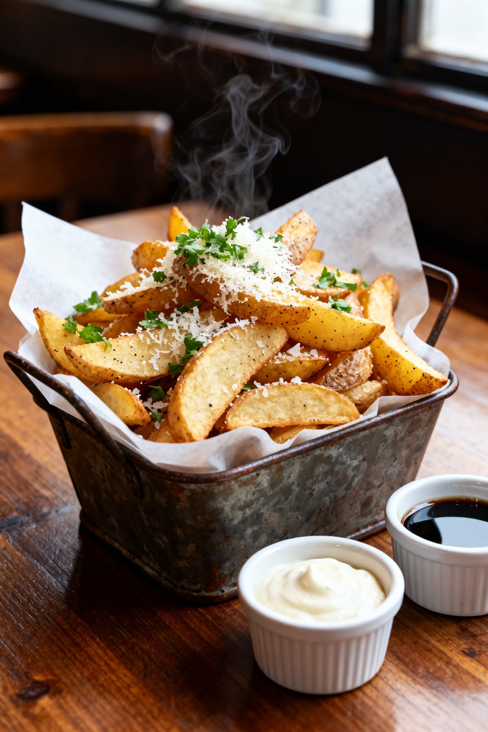 Final dish presentation: Pub chips piled high in a parchment-lined rustic metal basket, ultra-crisp 