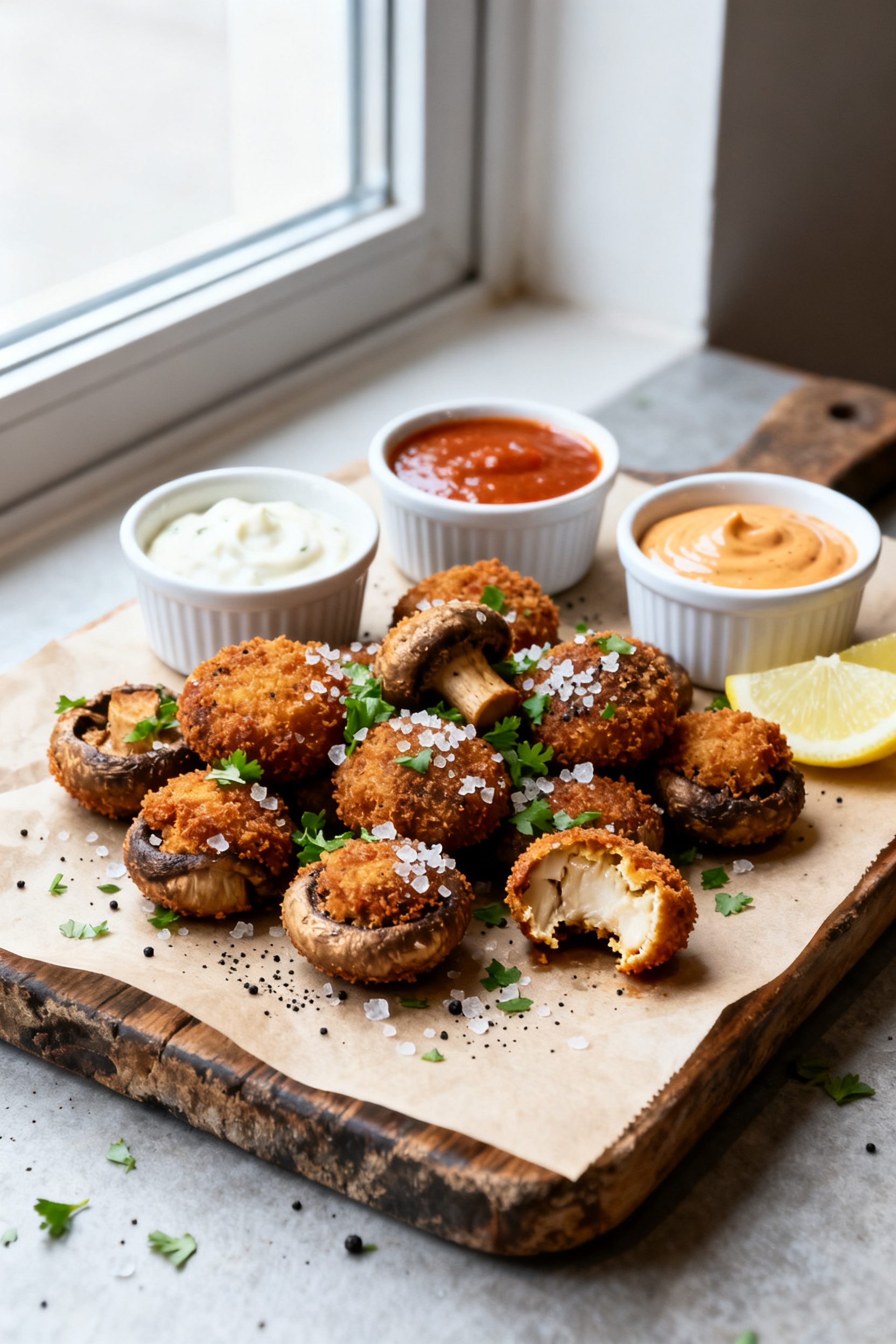 Final dish presentation: Pub-style platter of air-fried breaded mushrooms on a parchment-lined rusti