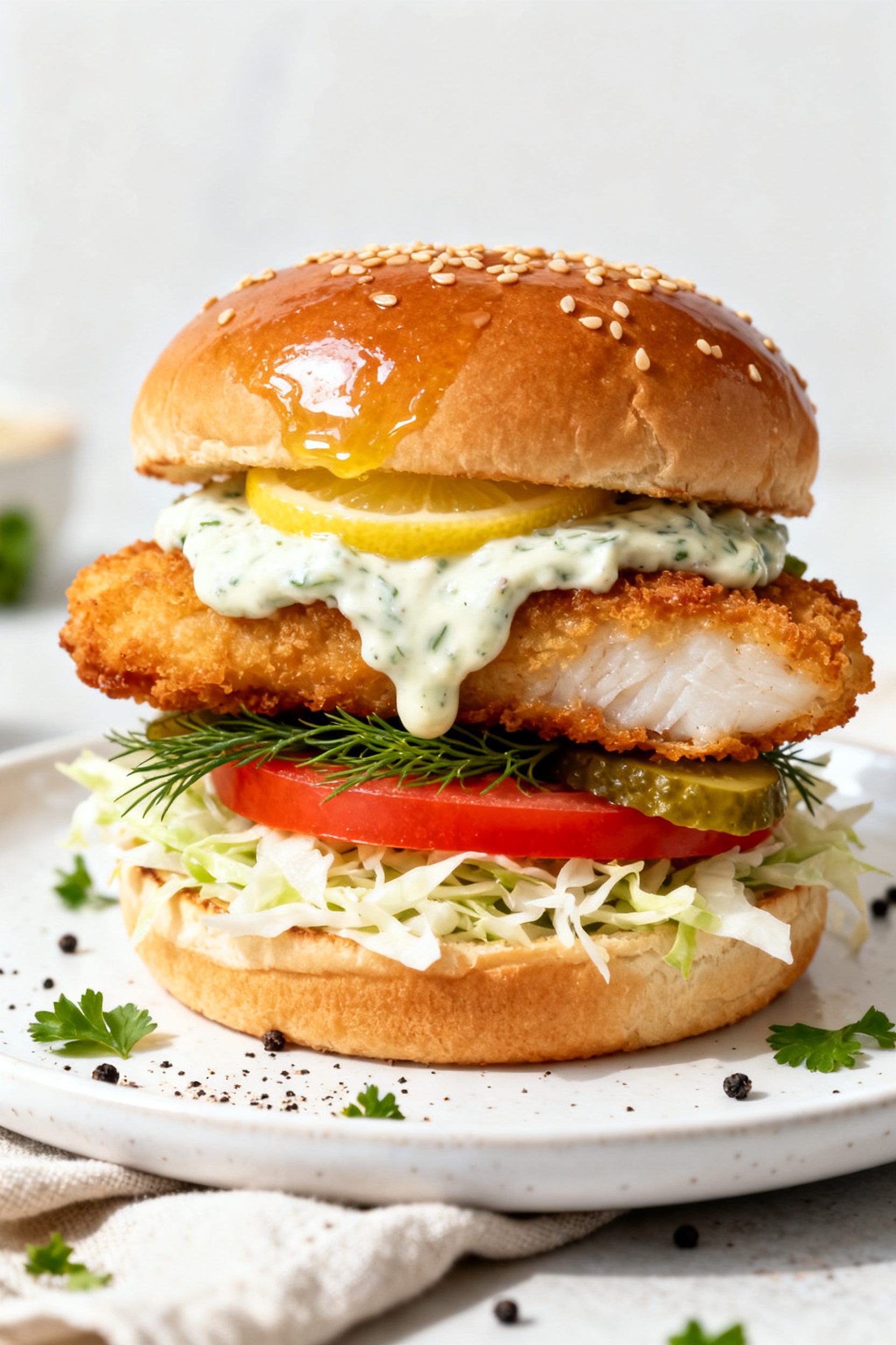 Final dish presentation: Restaurant-quality Air Fryer Fish Sandwich stacked high on a soft brioche b