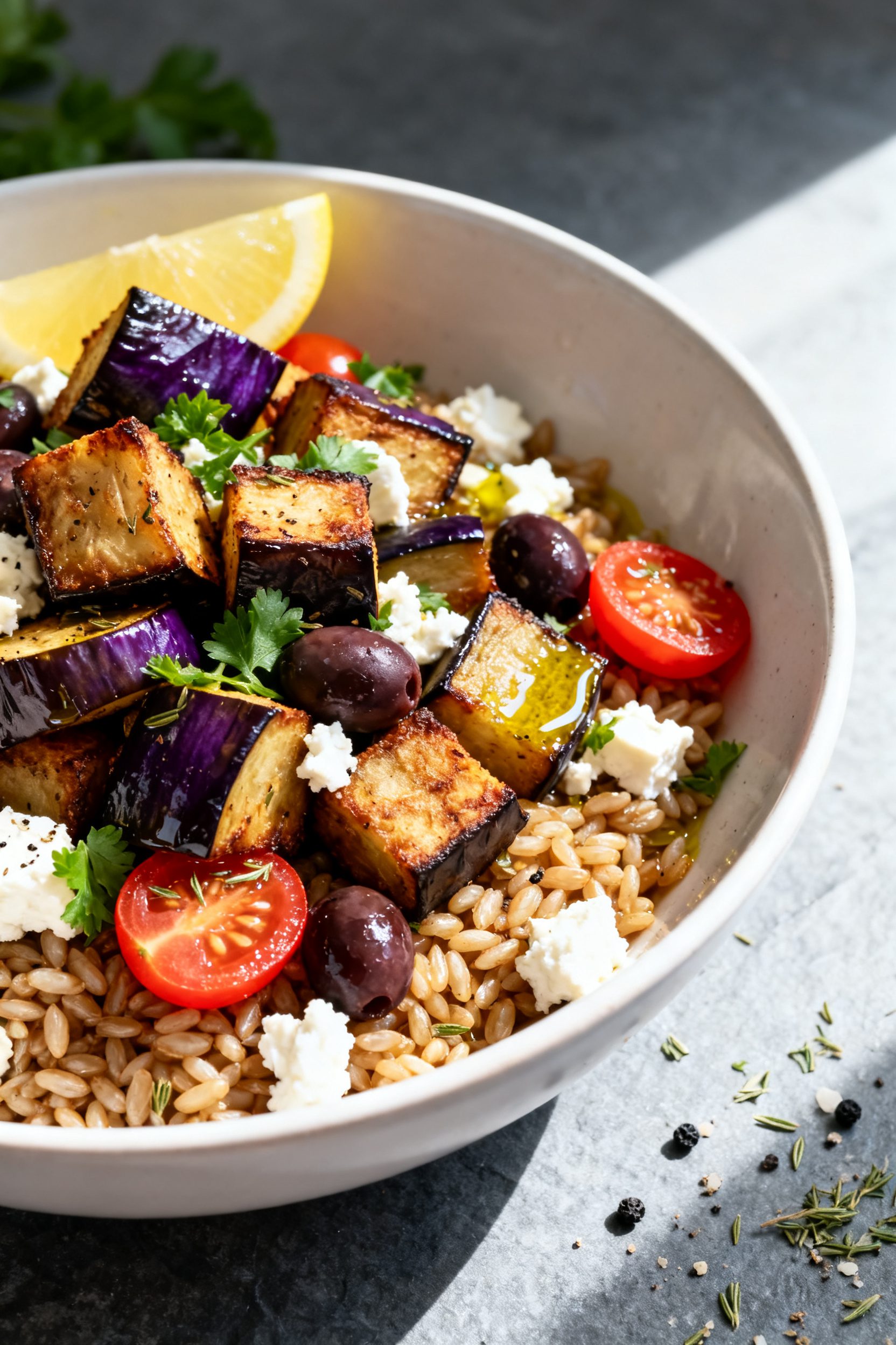 Final dish presentation: Restaurant-quality bowl of air-fried eggplant cubes piled over warm farro w