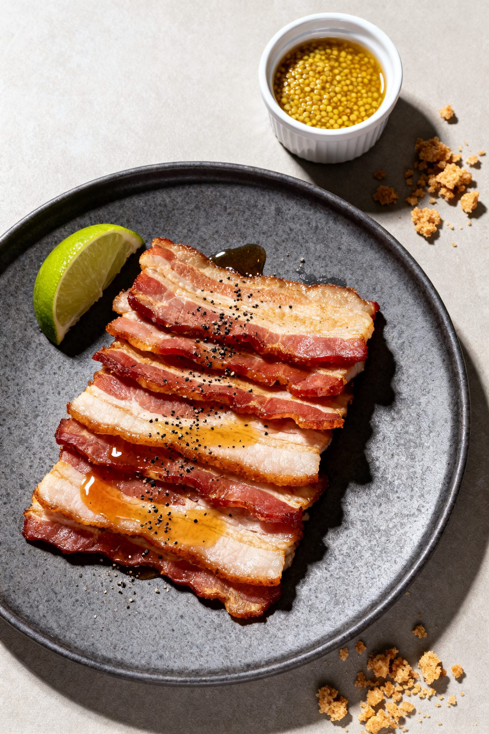 Final dish presentation: Restaurant-quality brunch plating of “Million Dollar” bacon stacked in