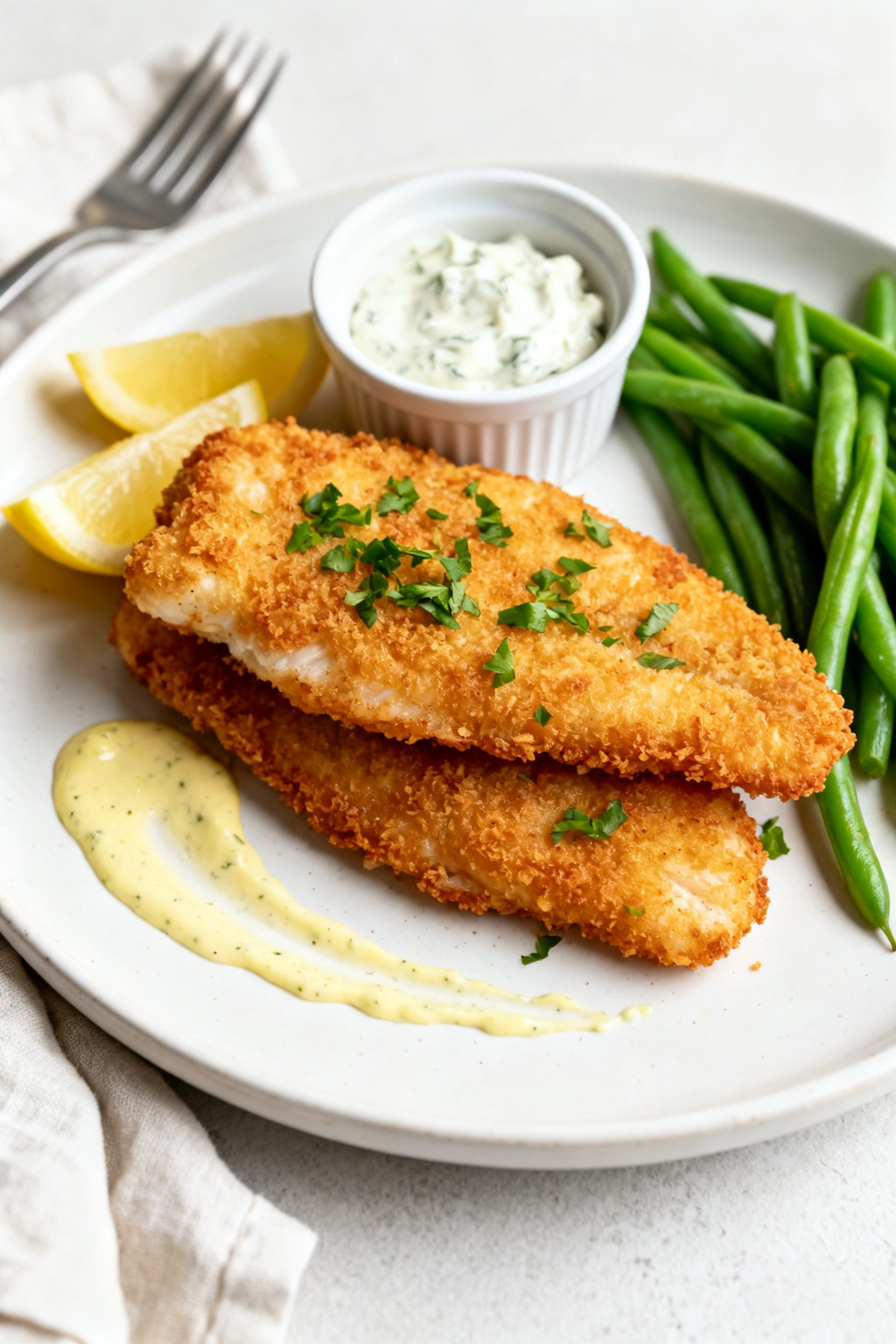 Final dish presentation: Restaurant-quality plate of air fryer breaded tilapia fillet stacked slight