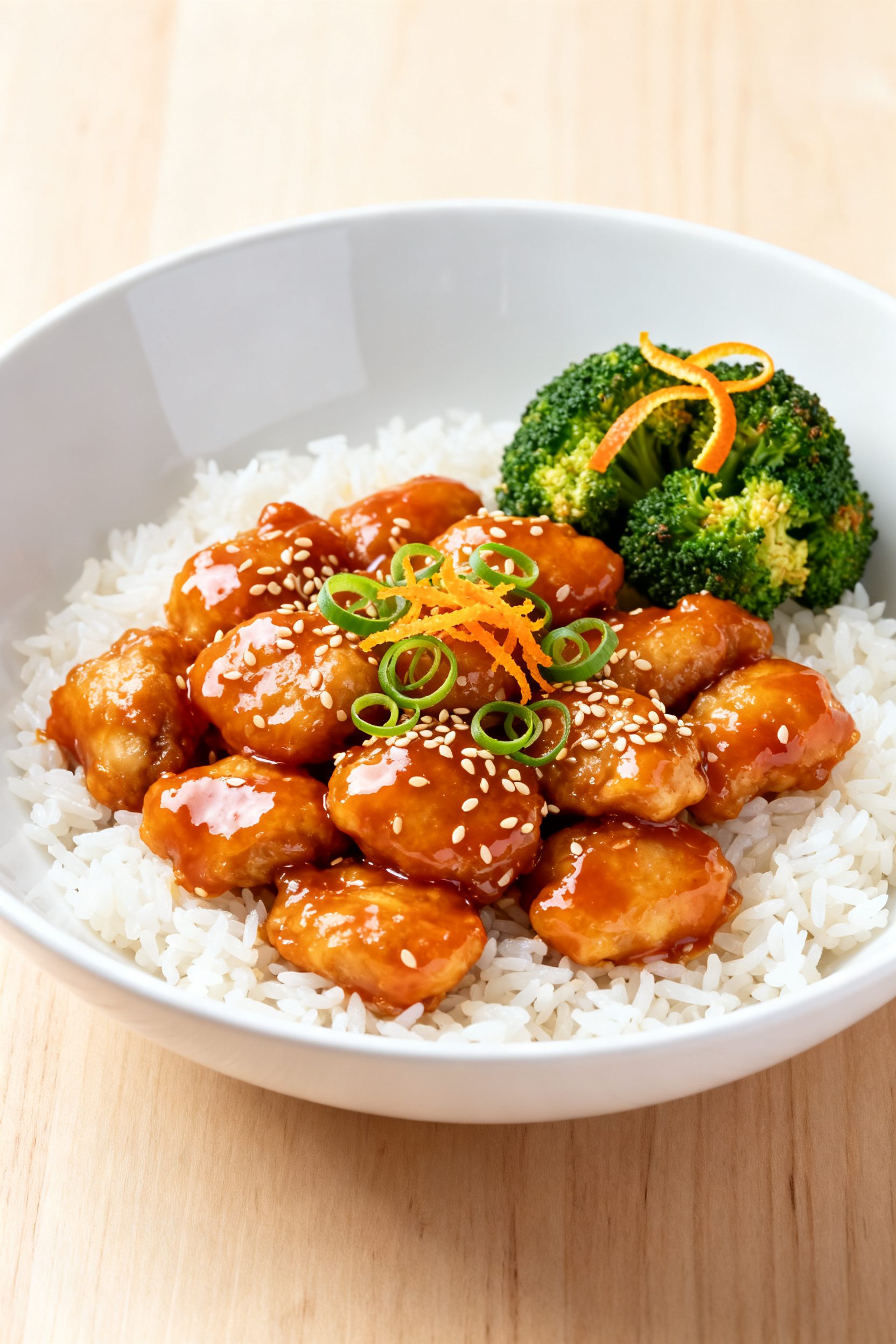 Final dish presentation: Restaurant-quality plate of orange chicken over fluffy jasmine rice, every 