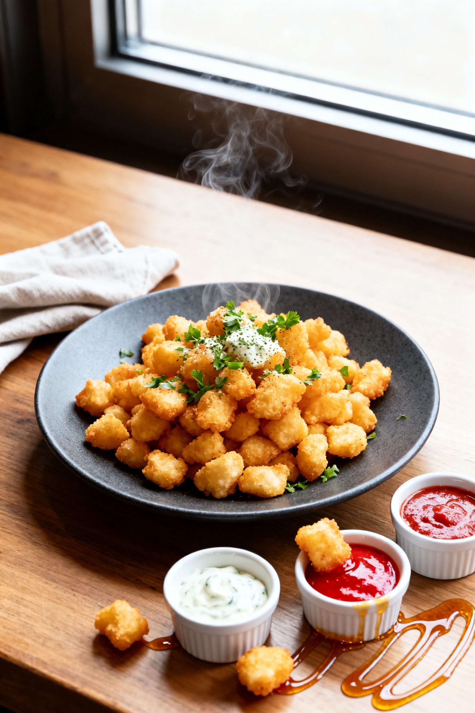 Final dish presentation: Restaurant-quality plate of hot, crispy cheese curds piled on a matte charc