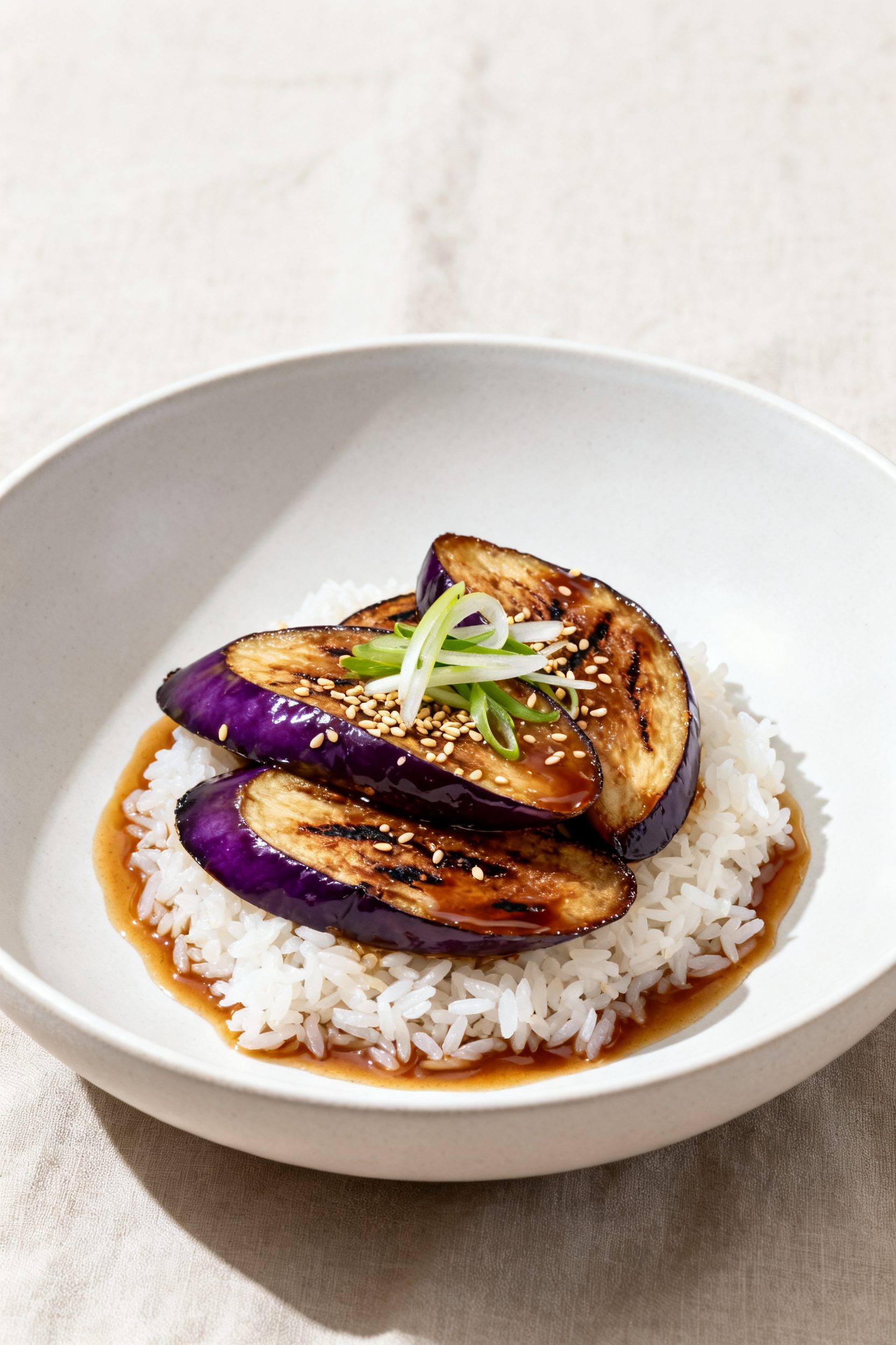 Final dish presentation: Restaurant-quality plate of air-fried Japanese eggplant over steamed jasmin