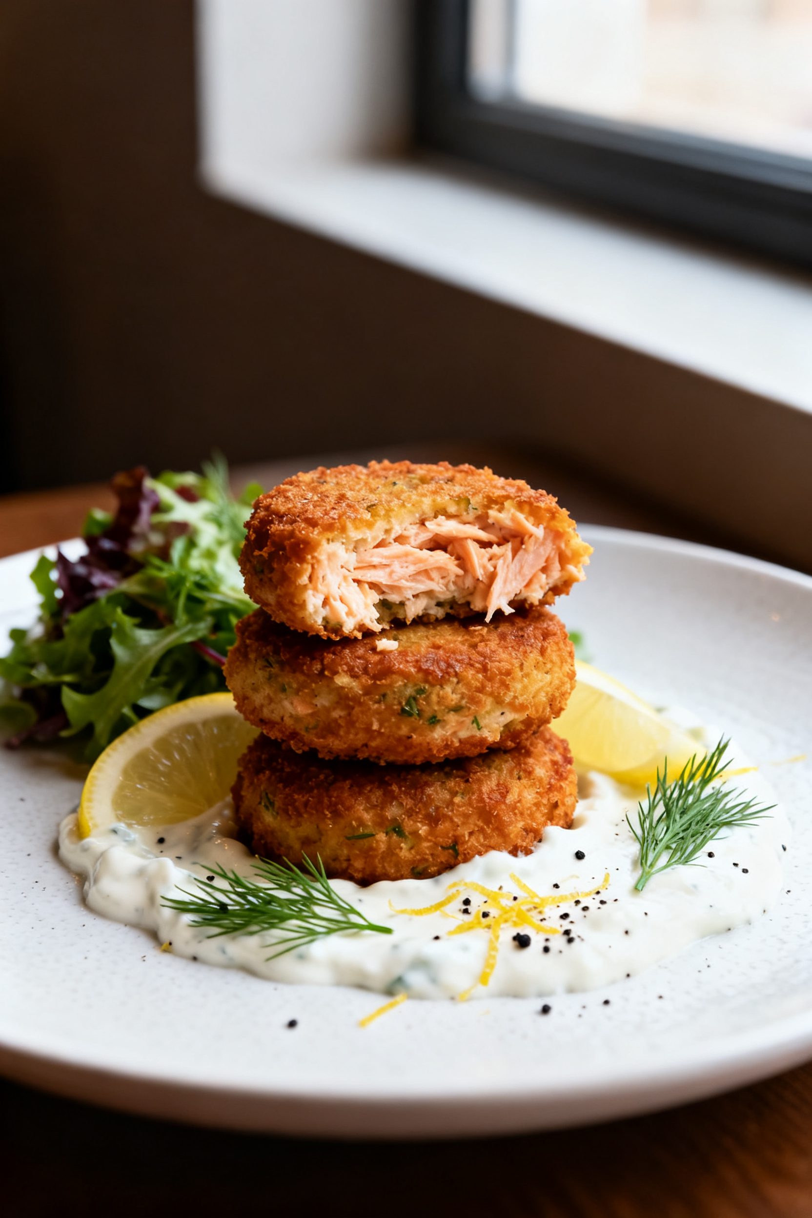 Final dish presentation: Restaurant-quality plate of salmon croquettes stacked 2–3 high on a matte