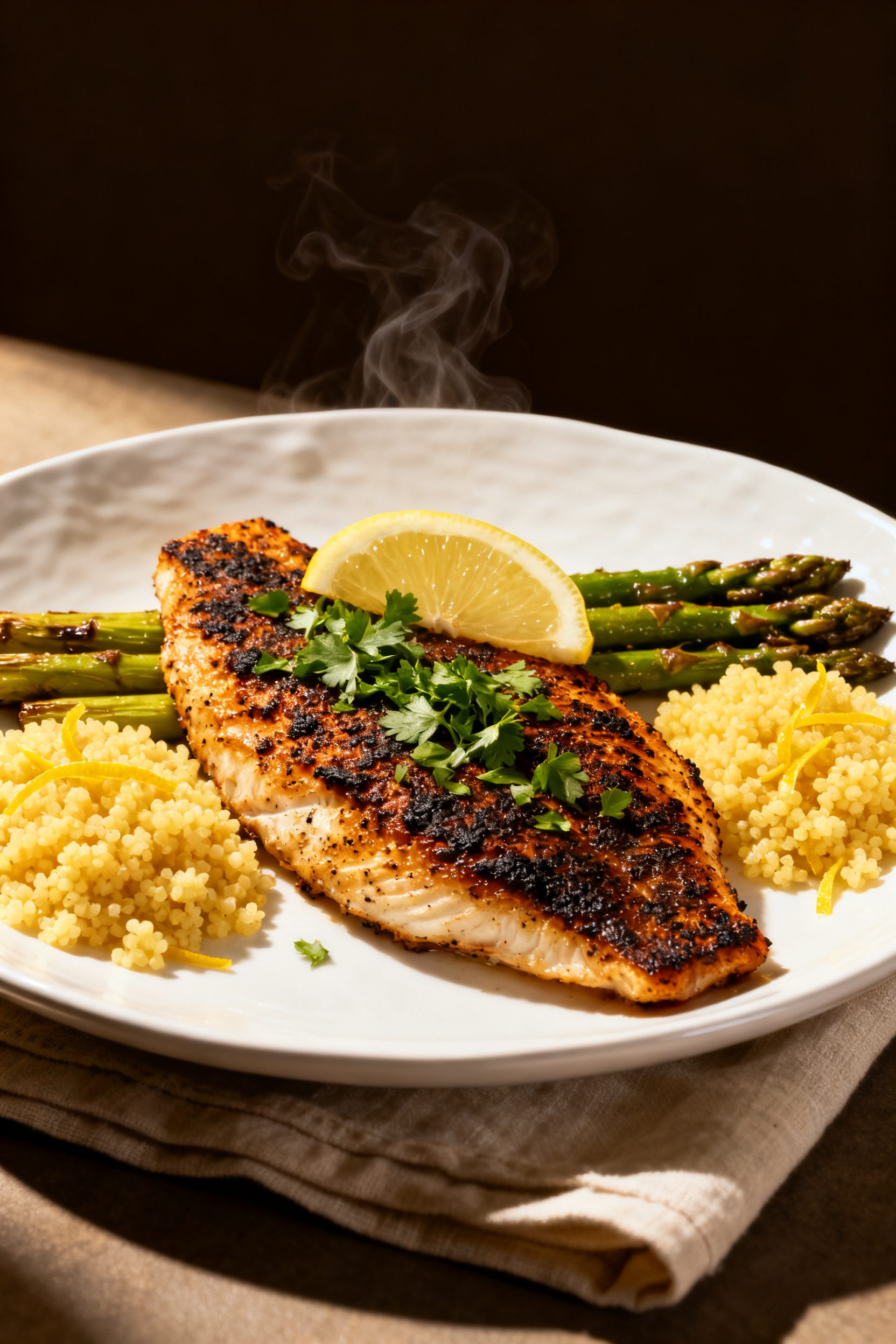 Final dish presentation: Restaurant-quality plate of air fryer blackened tilapia fillet on a white c