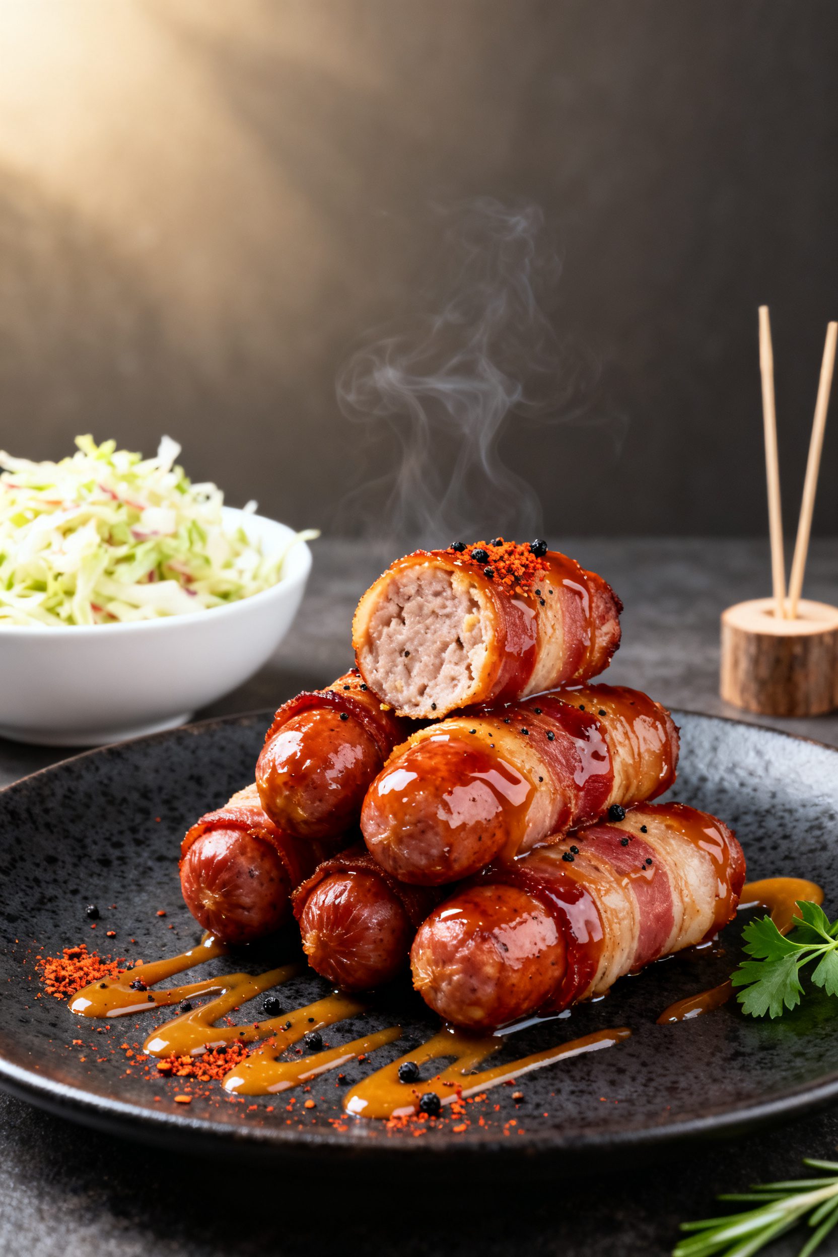 Final dish presentation: Restaurant-quality plate of bacon wrapped sausages brushed in the last minu
