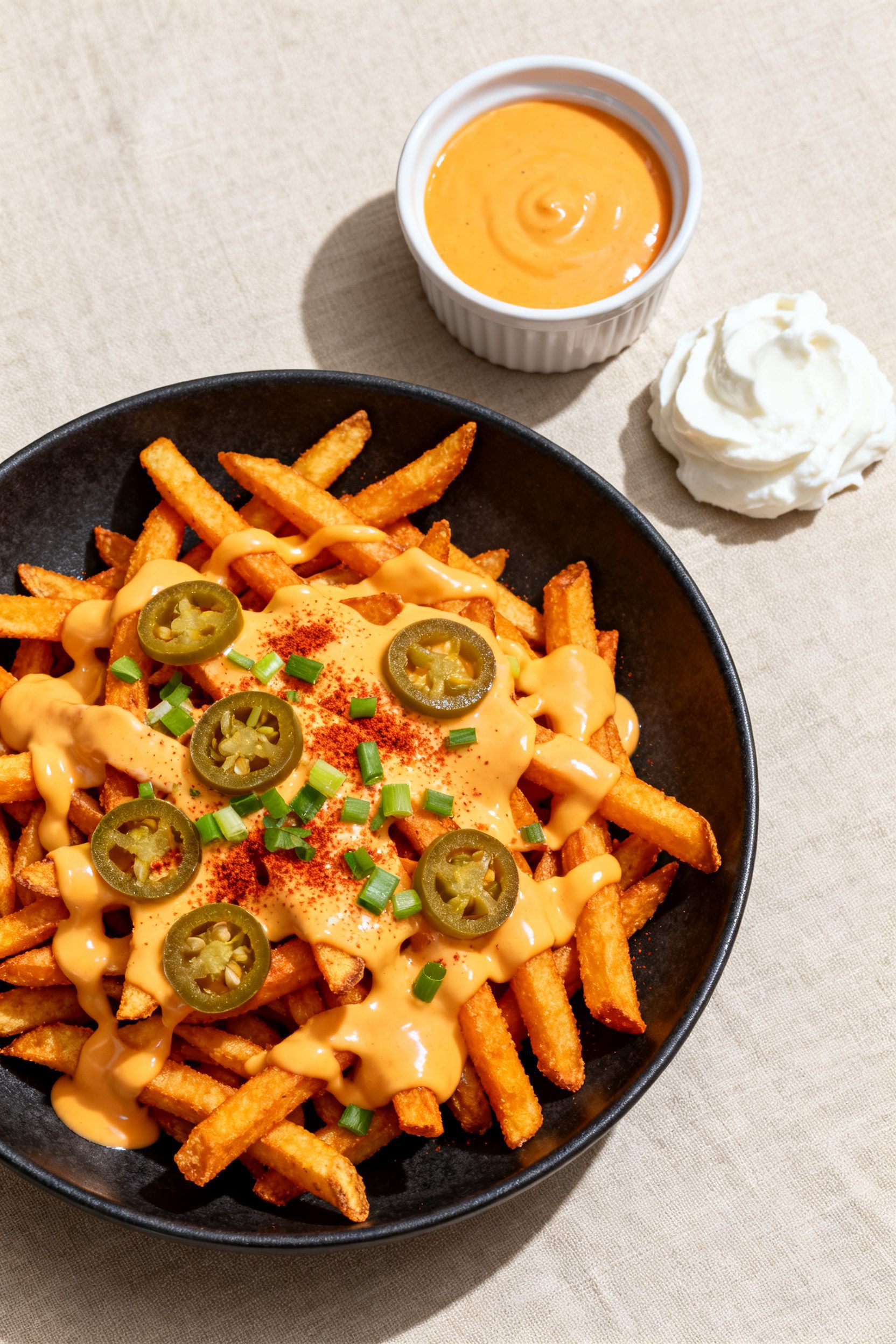 Final dish presentation: Restaurant-quality plate of Taco Bell–style nacho fries piled high on a m