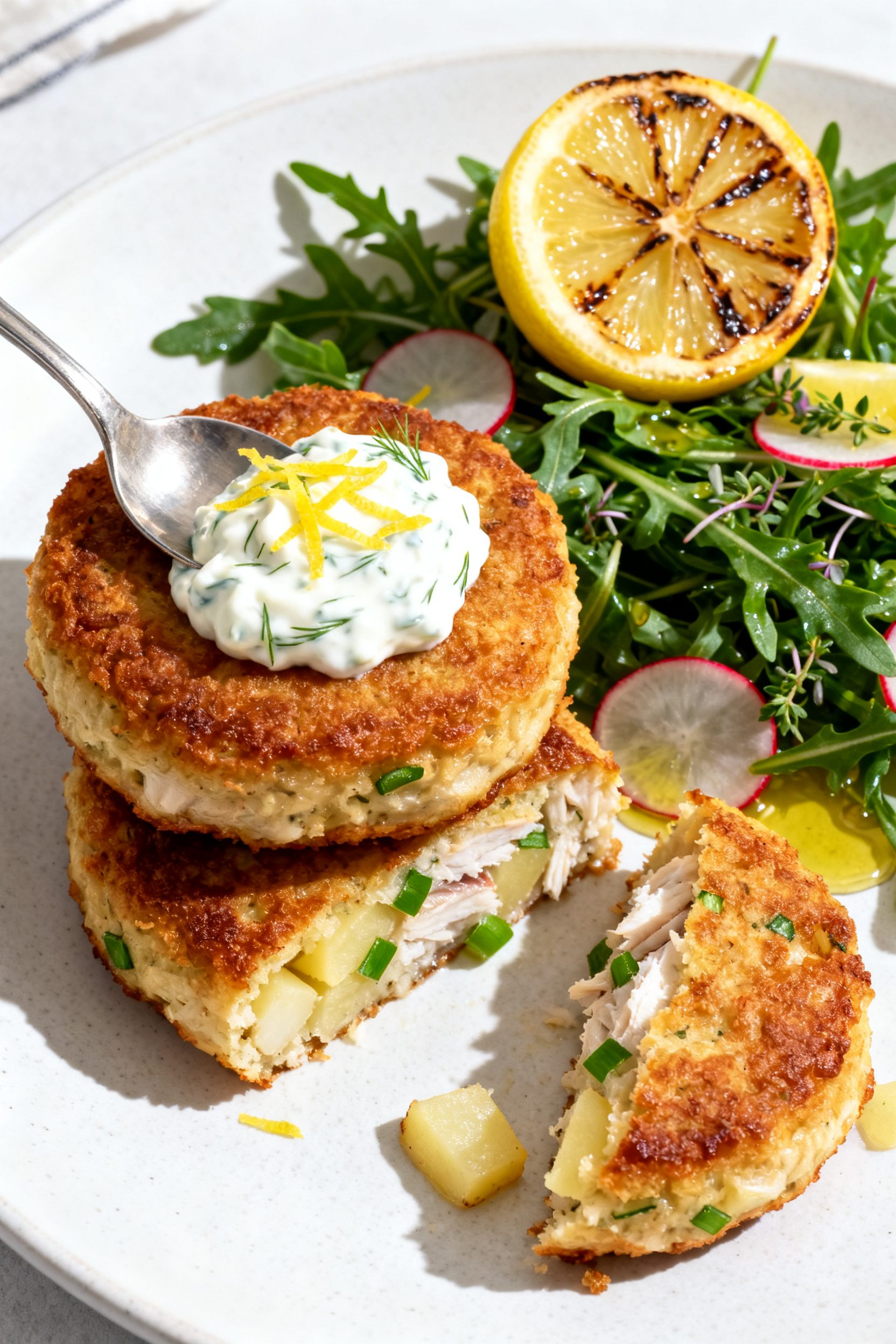 Final dish presentation: Restaurant-quality plate-up of two fish cakes stacked slightly offset on a 