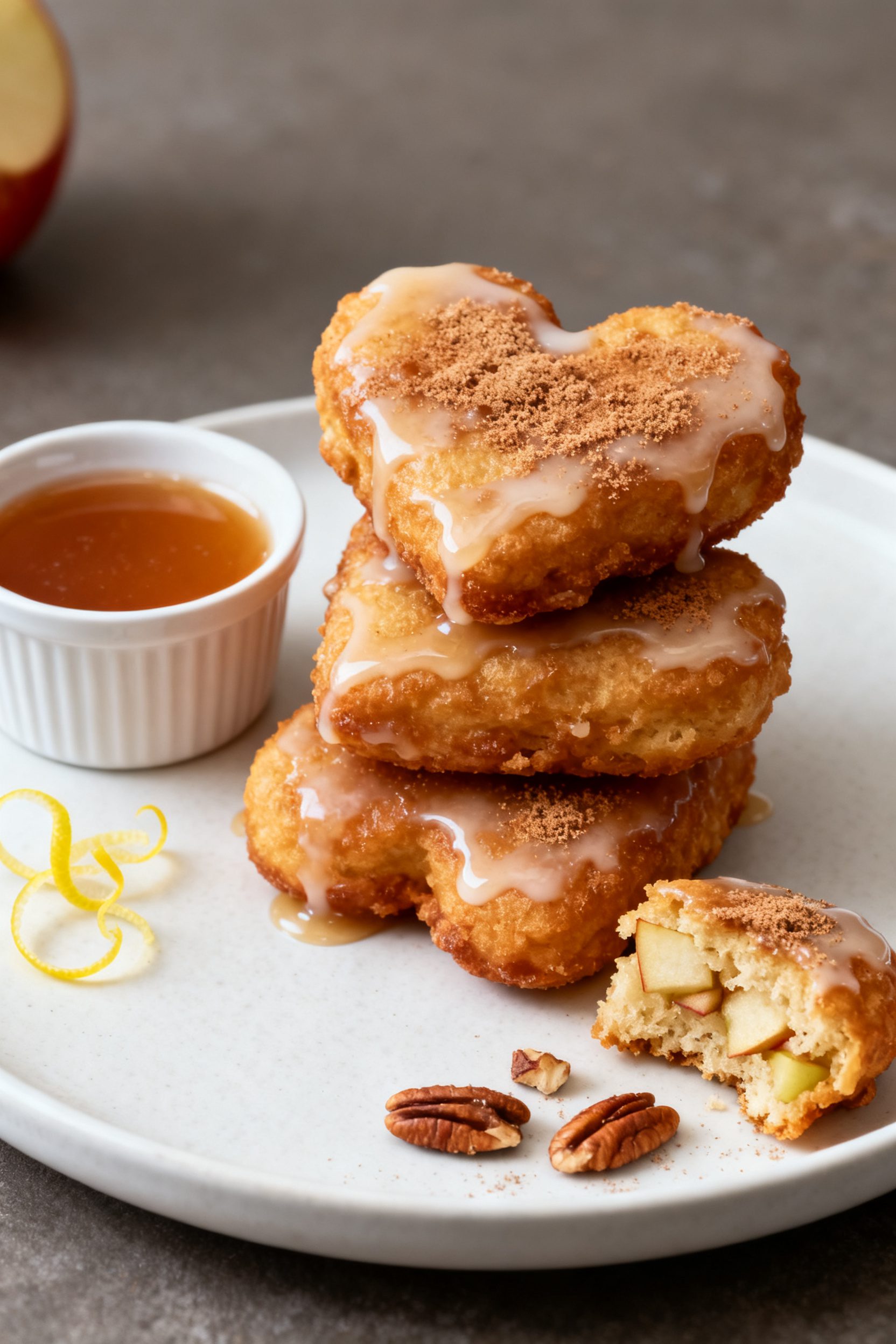 Final dish presentation: Restaurant-quality plate-up of 3 heart-shaped apple fritters stacked slight