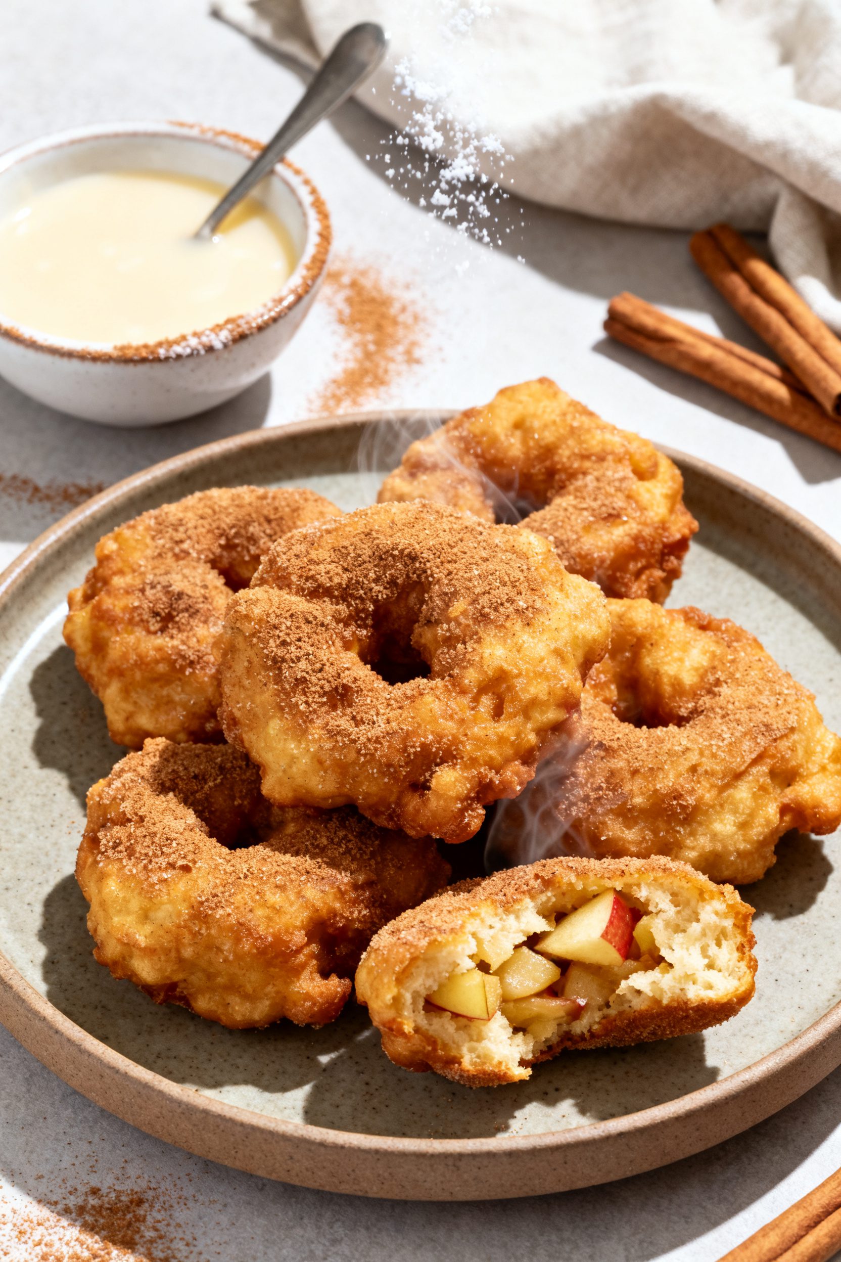 Final dish presentation: Restaurant-quality plate of finished apple fritters coated in cinnamon suga