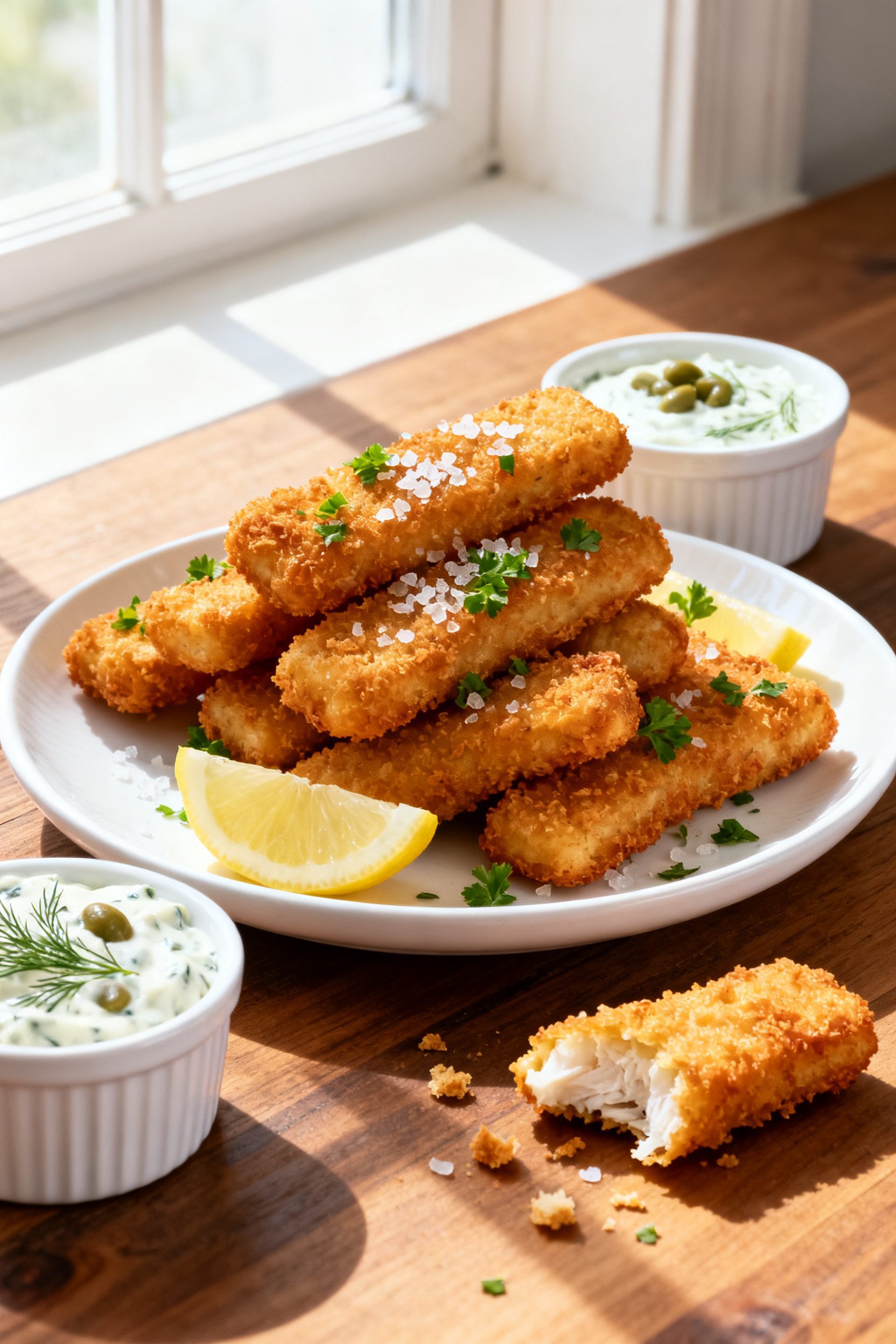 Final dish presentation: Restaurant-quality plate of air fryer homemade fish sticks stacked casually