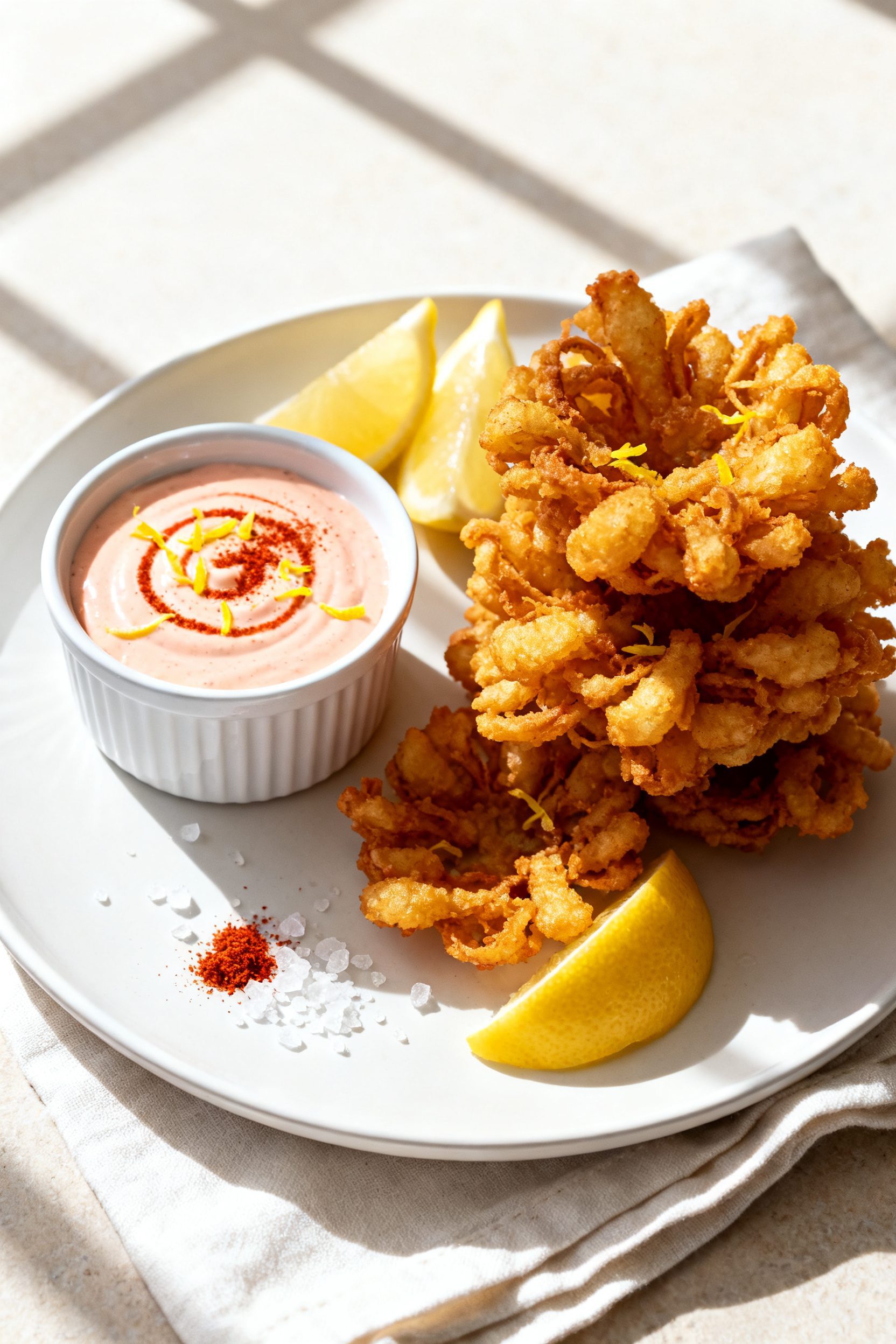 Final dish presentation: Restaurant-quality plate of air fryer mini blooming onions stacked on a mat