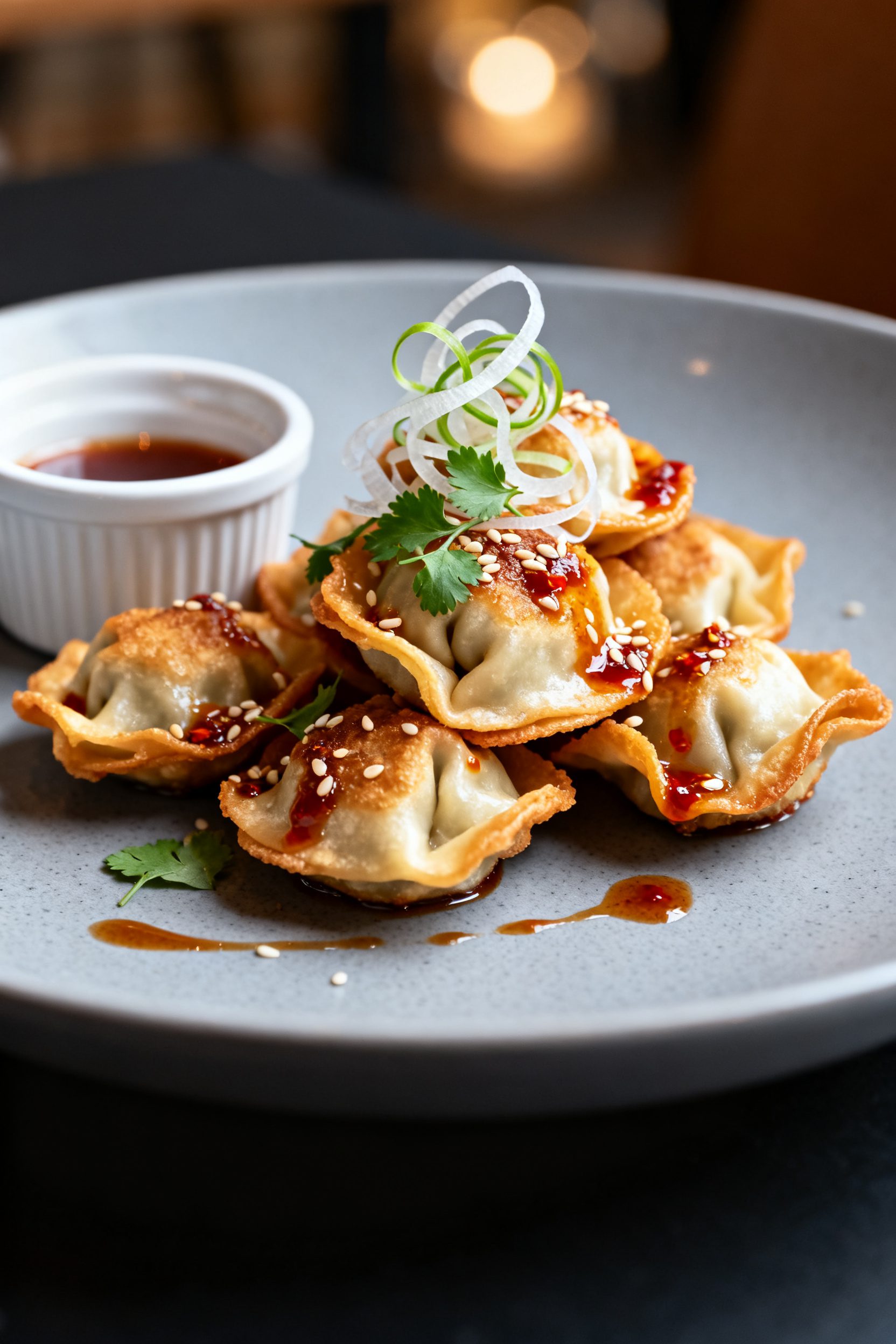 Final dish presentation: Restaurant-quality plate of mini wontons stacked casually for height, edges