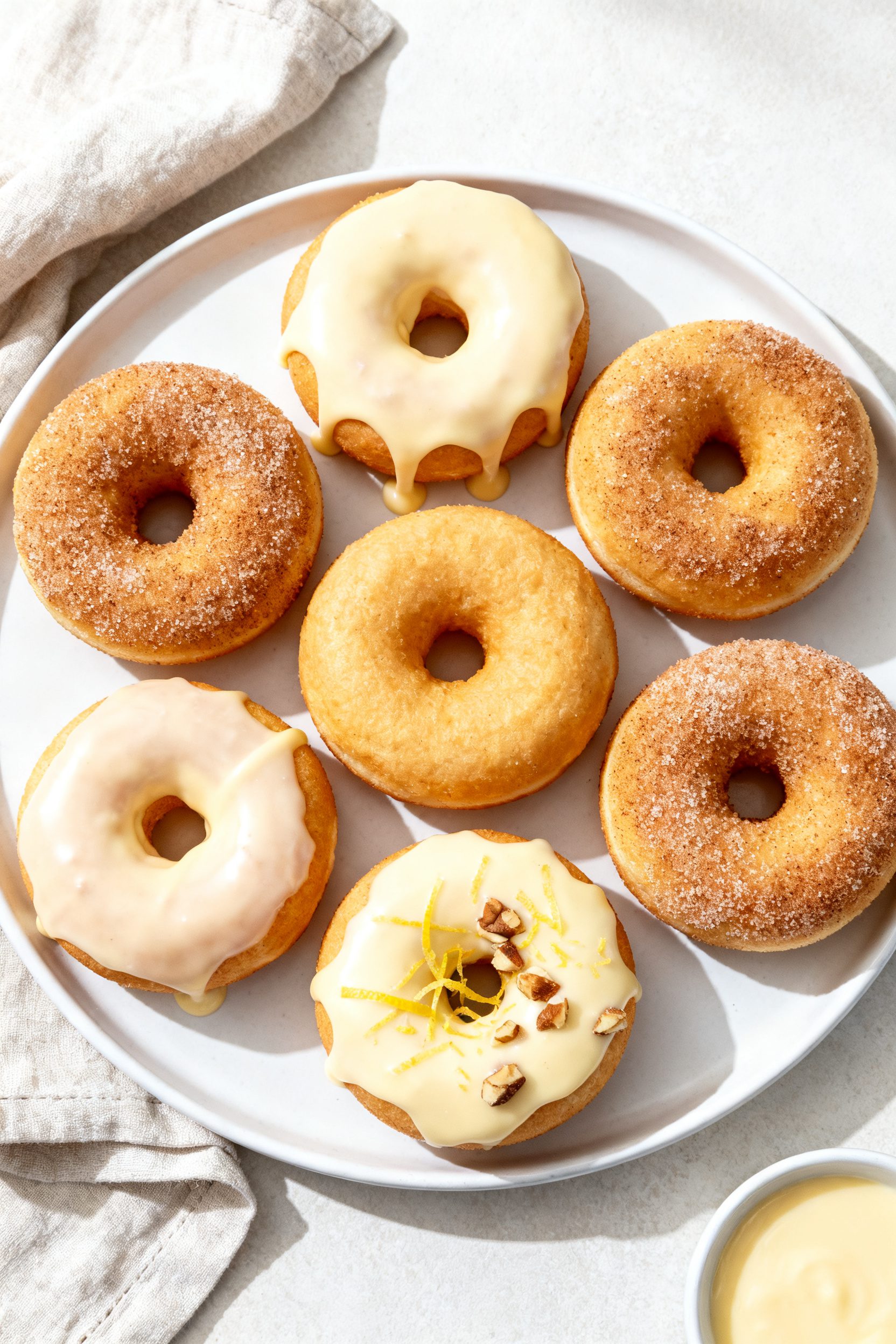 Final dish presentation: Restaurant-quality plate of six glazed high-protein Greek yogurt donuts arr