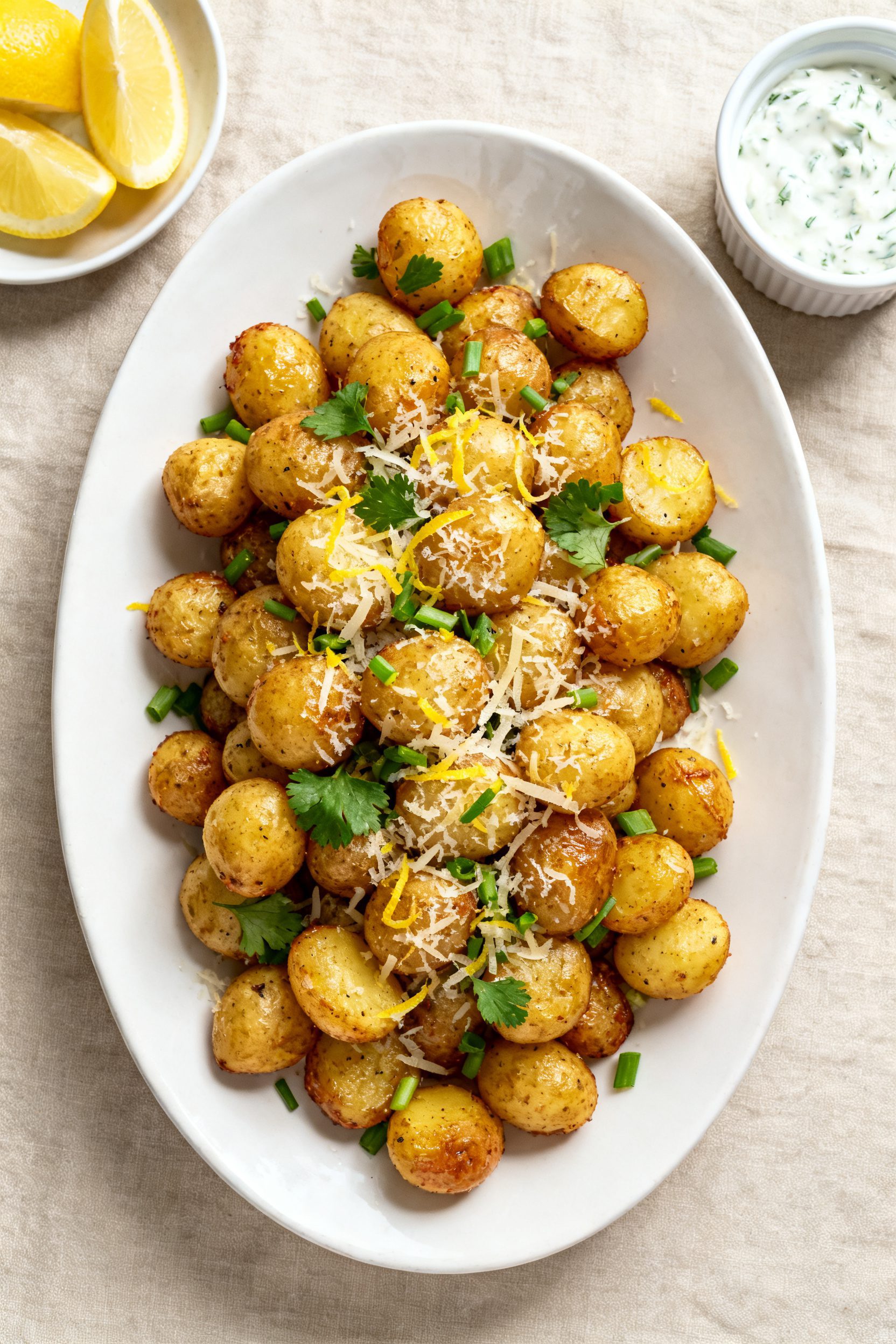 Final dish presentation: Restaurant-quality plate of air-fried petite potatoes piled high on a warm 