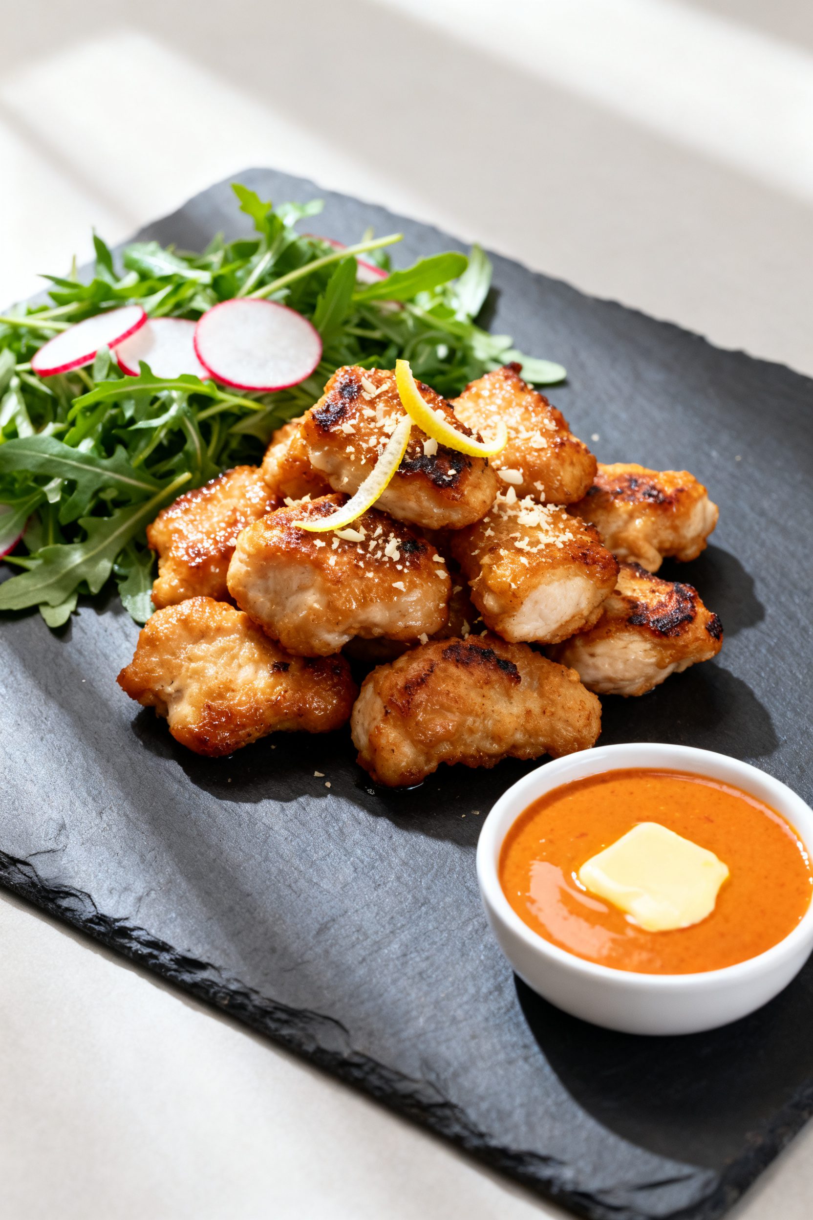 Final dish presentation: Restaurant-quality plate of naked chicken nuggets piled in the center on a 