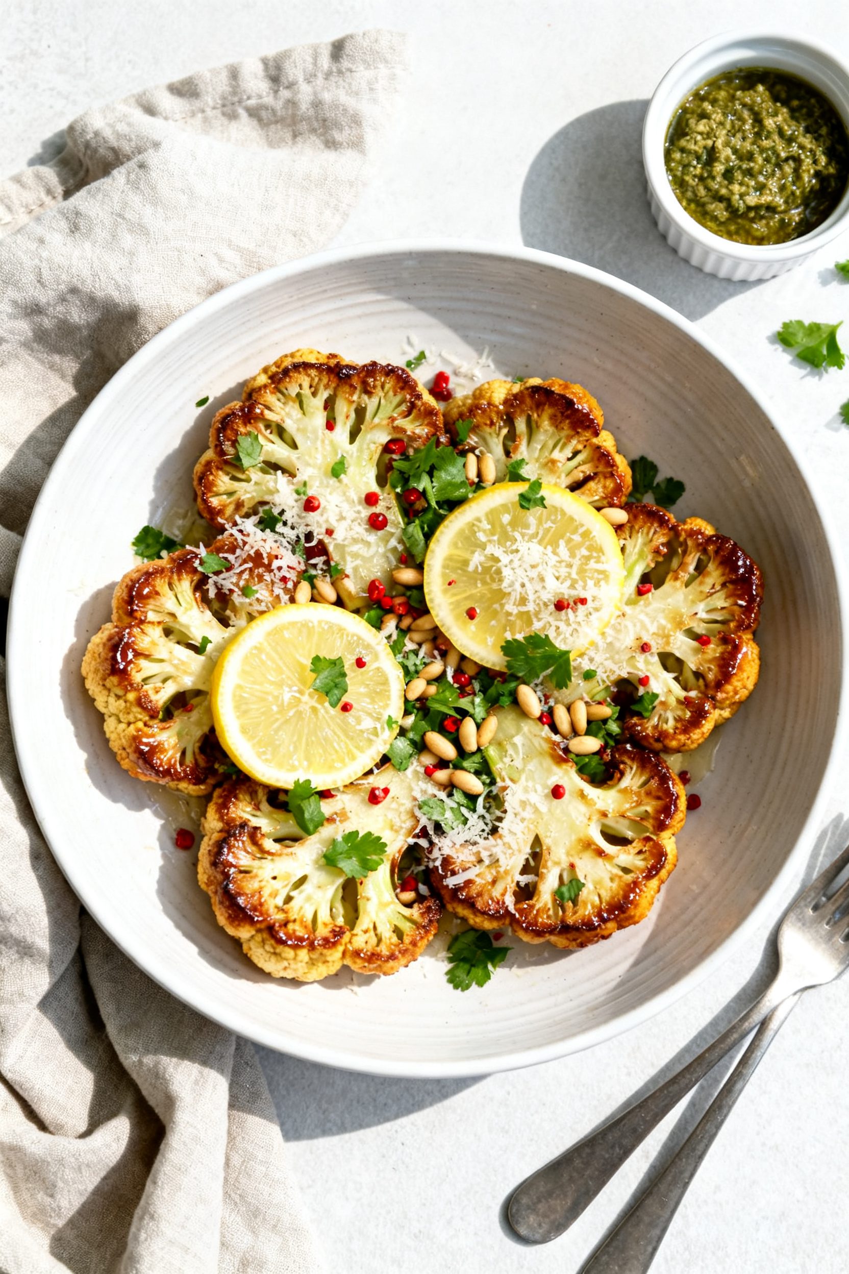 Final dish presentation: Restaurant-quality plate of air fryer cauliflower steaks finished with a sq