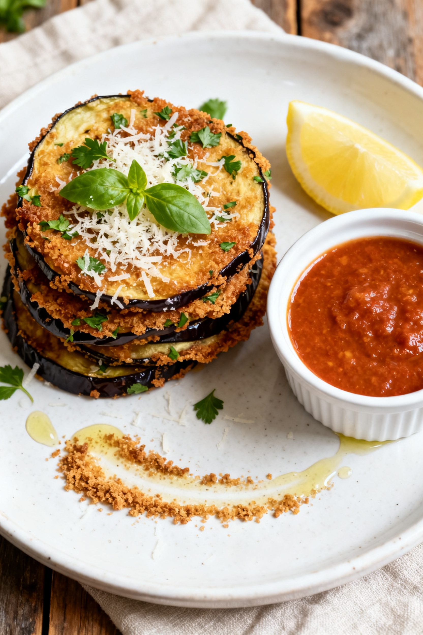 Final dish presentation: Restaurant-quality plate of crispy air fryer fried eggplant stacked in a sl