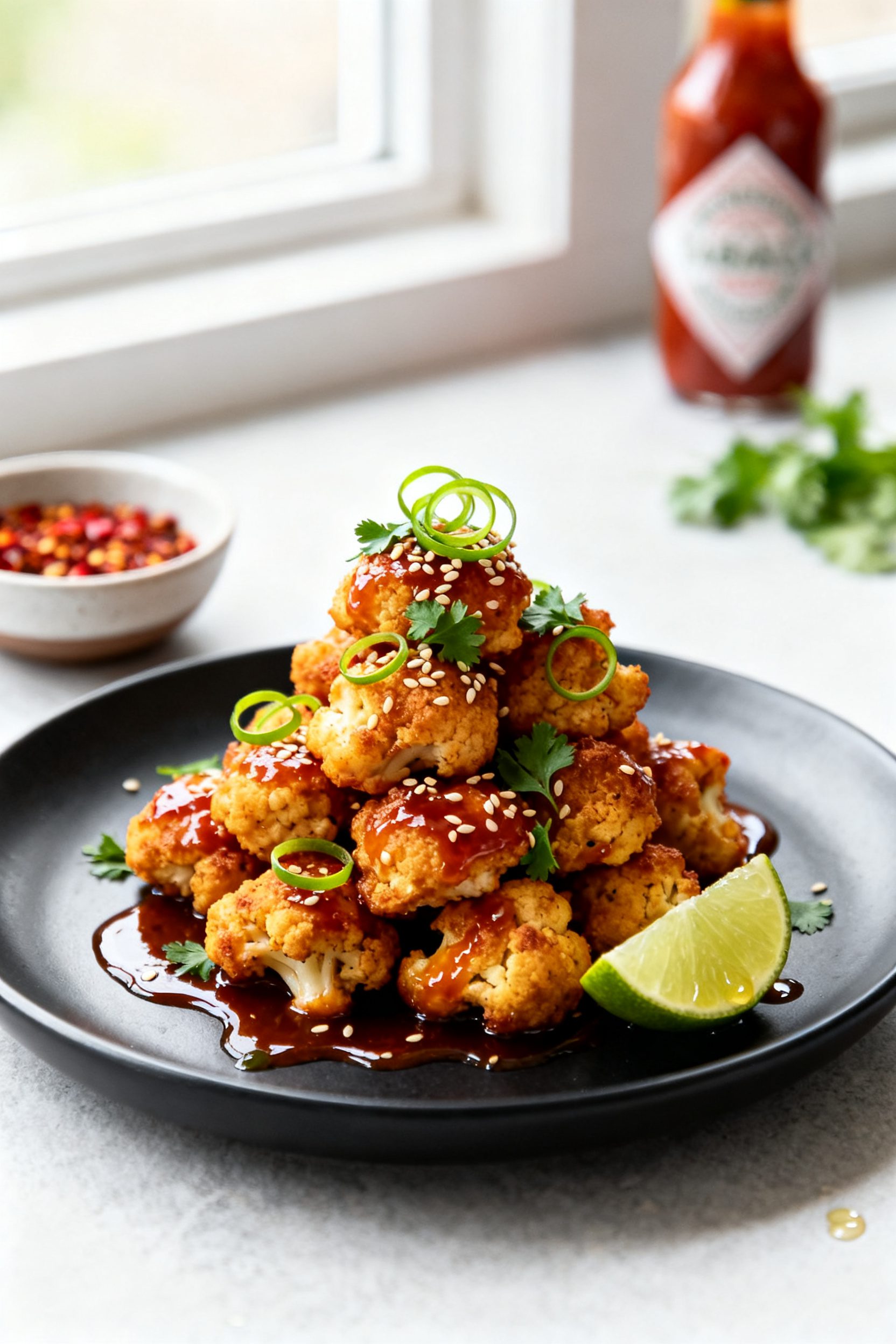 Final dish presentation: Restaurant-quality plate of Air Fryer Sweet Chili Cauliflower Bites stacked