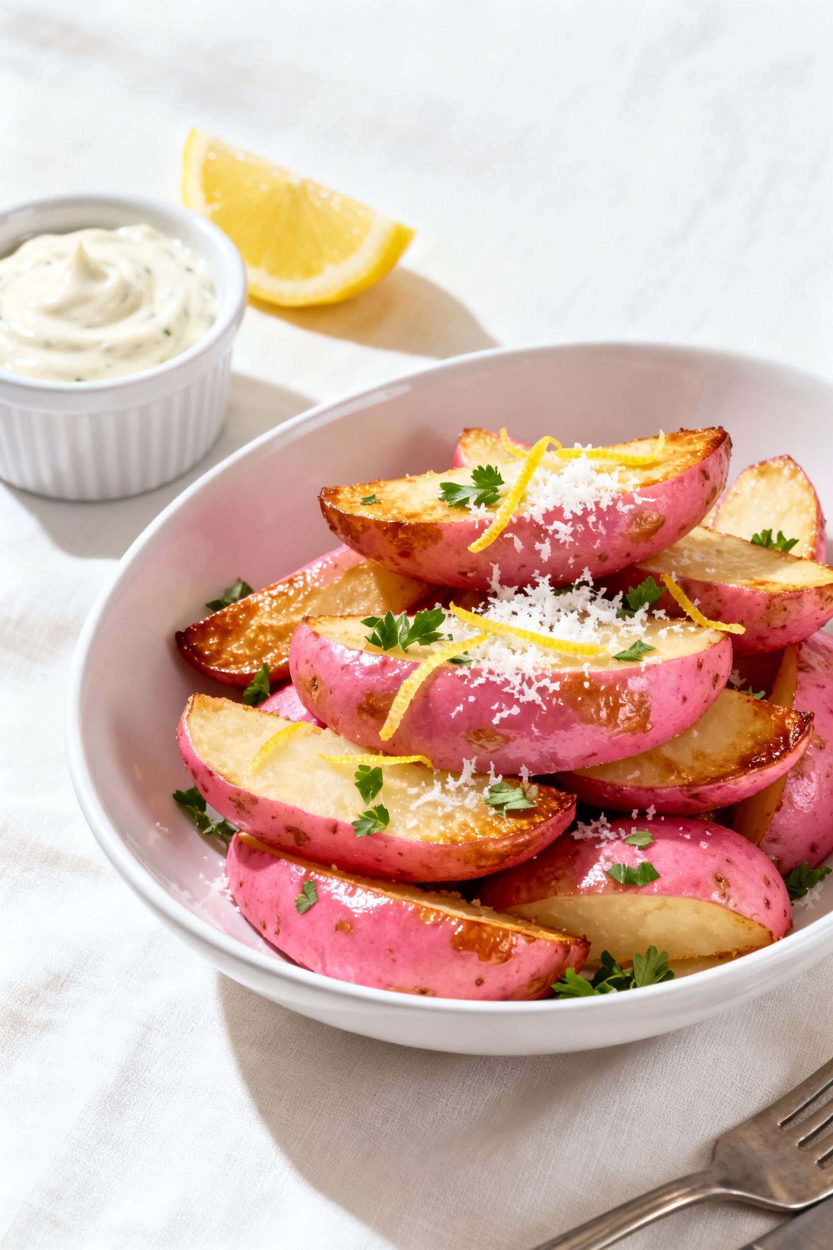 Final dish presentation: Restaurant-quality plate of air fryer pink potato wedges stacked in a shall