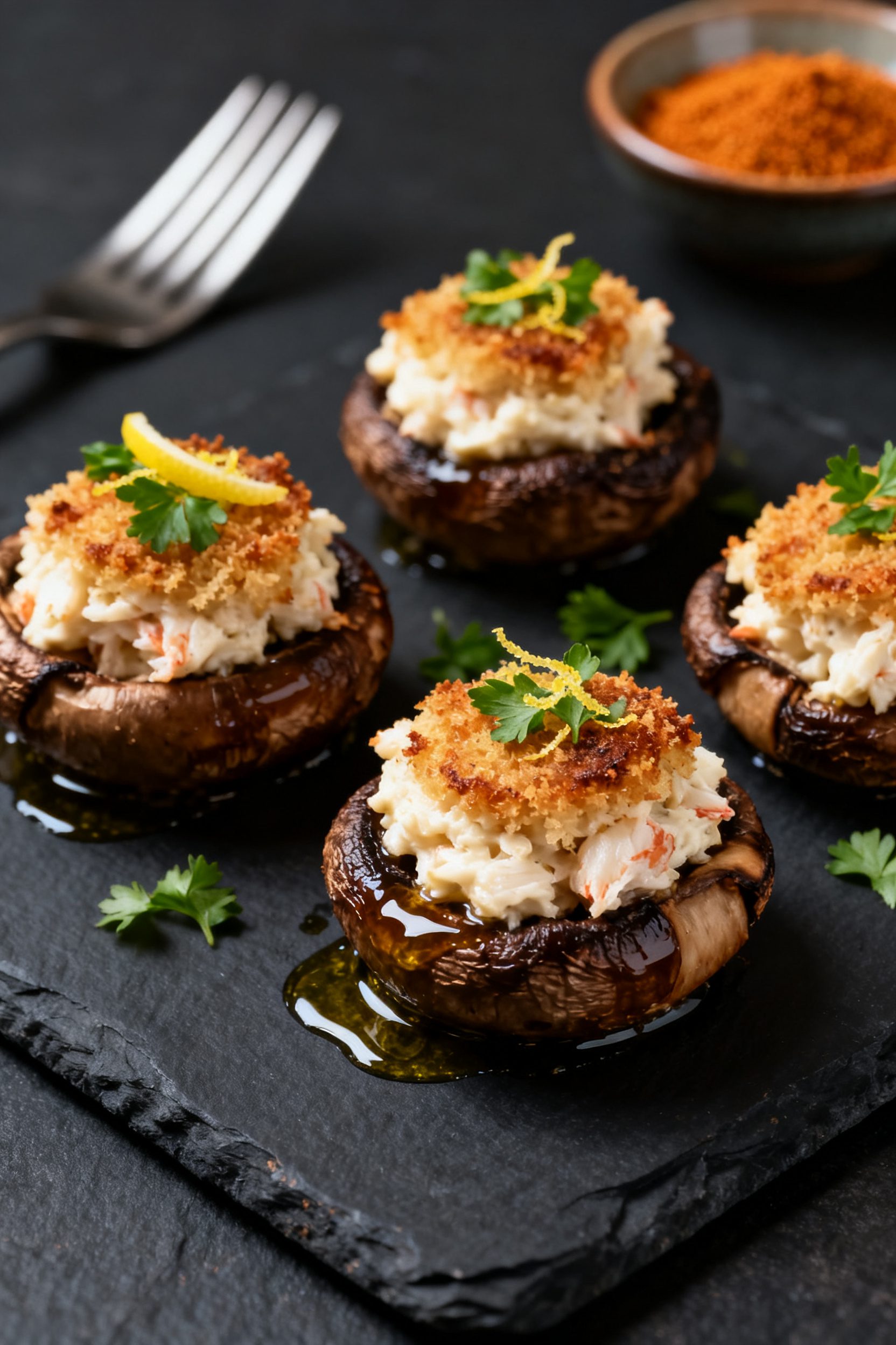 Final dish presentation: Restaurant-quality plate of 5–6 crab stuffed cremini mushrooms on a charc